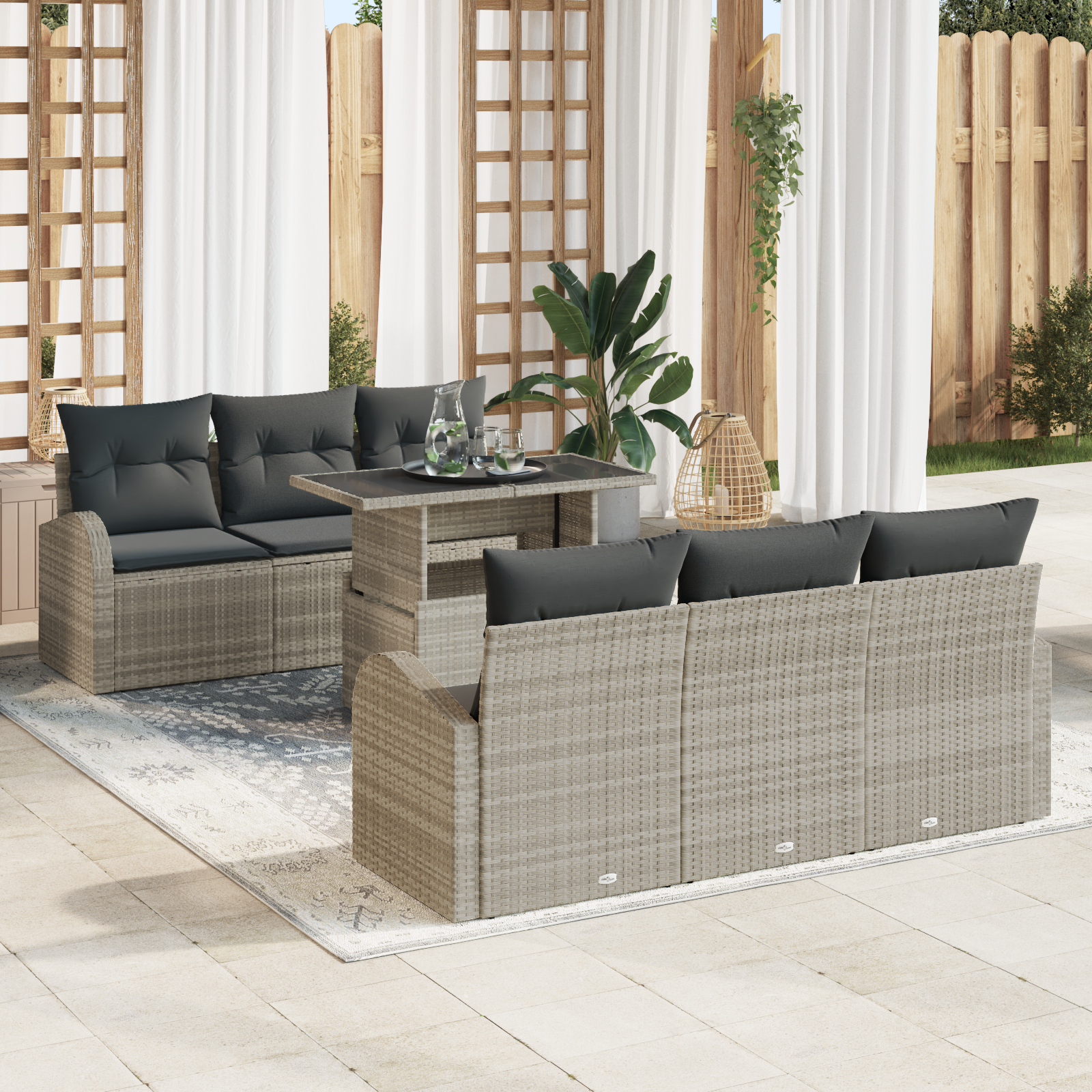Thumbnail - vidaXL 7-teiliges Garten-Sofa-Set mit Kissen – Helles Grau Poly-Rattan