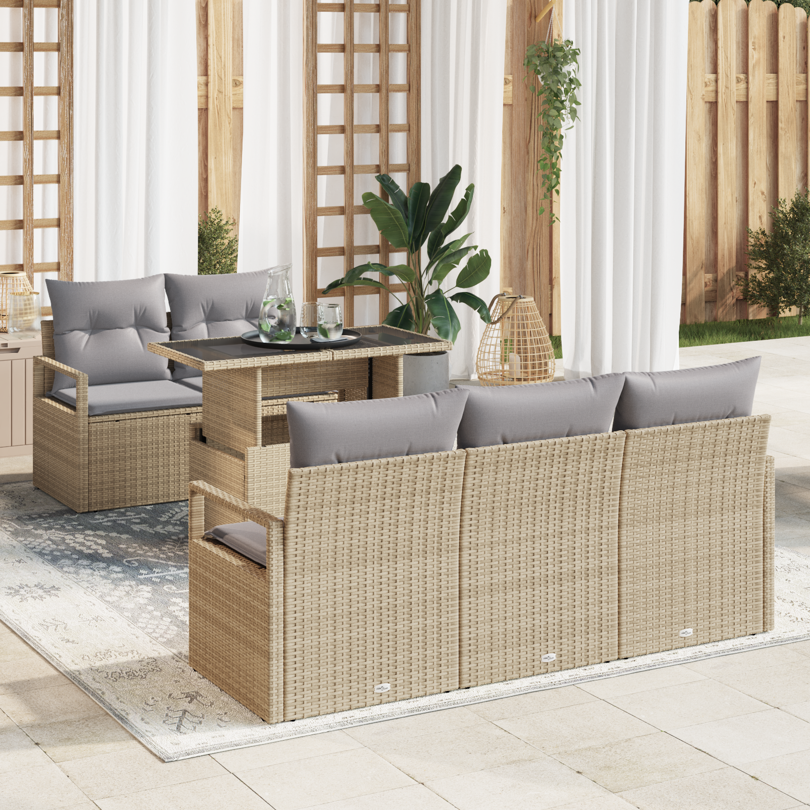 6 dalių sodo sofų rinkinys su pagalvėlėmis Smėlio poli ratanas, VidaXL 2 vietų sodo sofa su pagalvėlėmis Smėlio poli ratanas