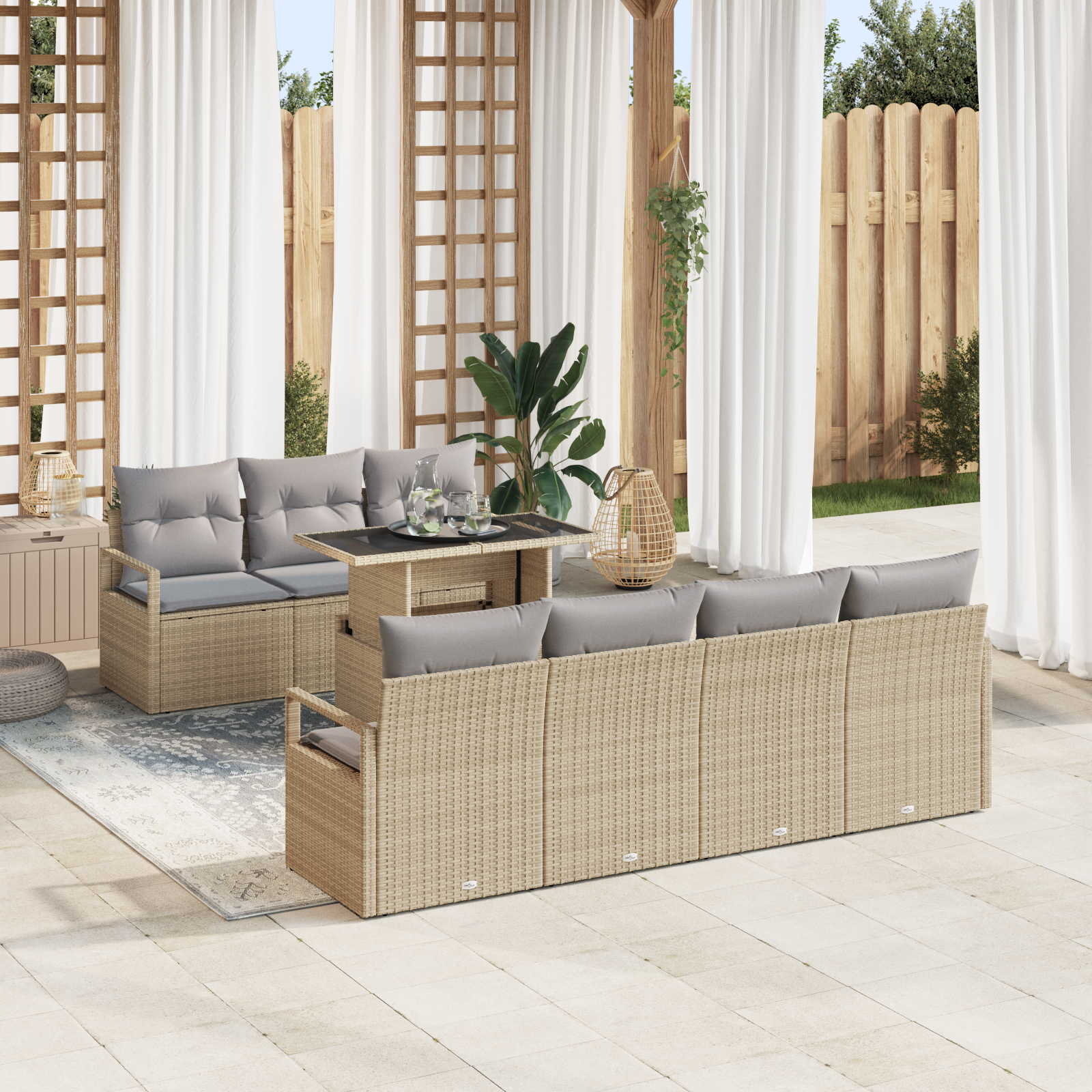 Conjunto de Sofá para Jardim 8 Peças com Almofadas Bege Rattan Poliéster, Sofá Individual para Jardim com Almofadas Bege Rattan Poliéster Conjunto de Sofá para Jardim 8 Peças com Almofadas Bege Rattan Poliéster, Sofá Individual para Jardim com Almofadas Bege Rattan Poliéster