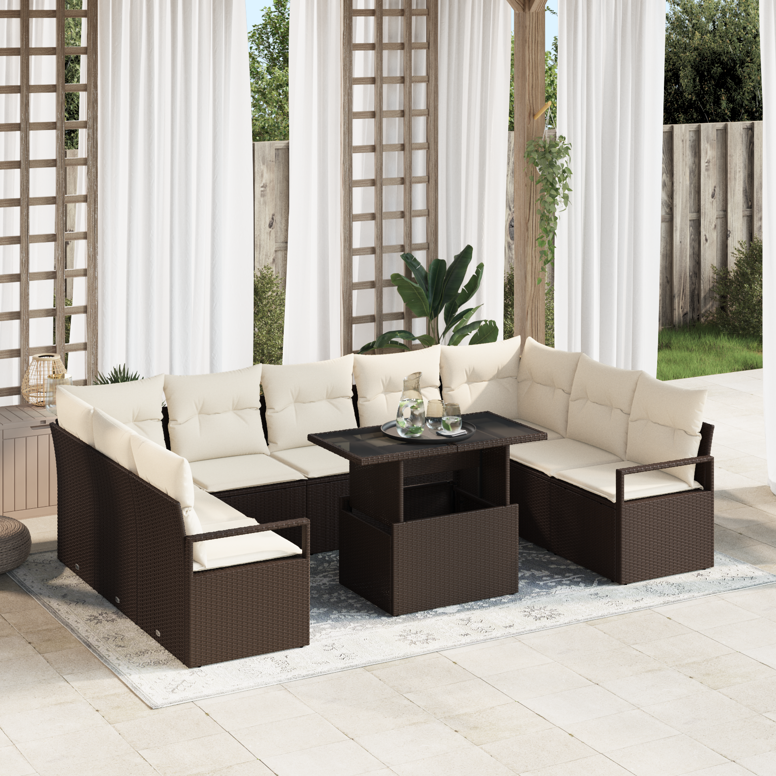 10 dalių sodo sofa komplektas su pagalvėlėmis ruda poli ratanas