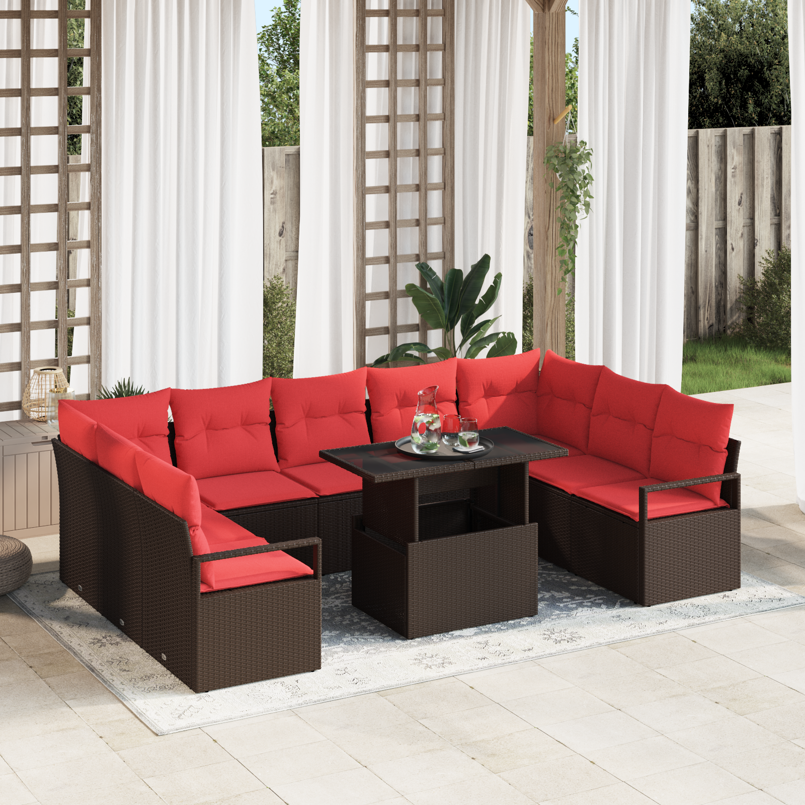 Tuin Sofa Set met opslag 10 pcs Bruin en Rood Poly riet - Afbeelding 2