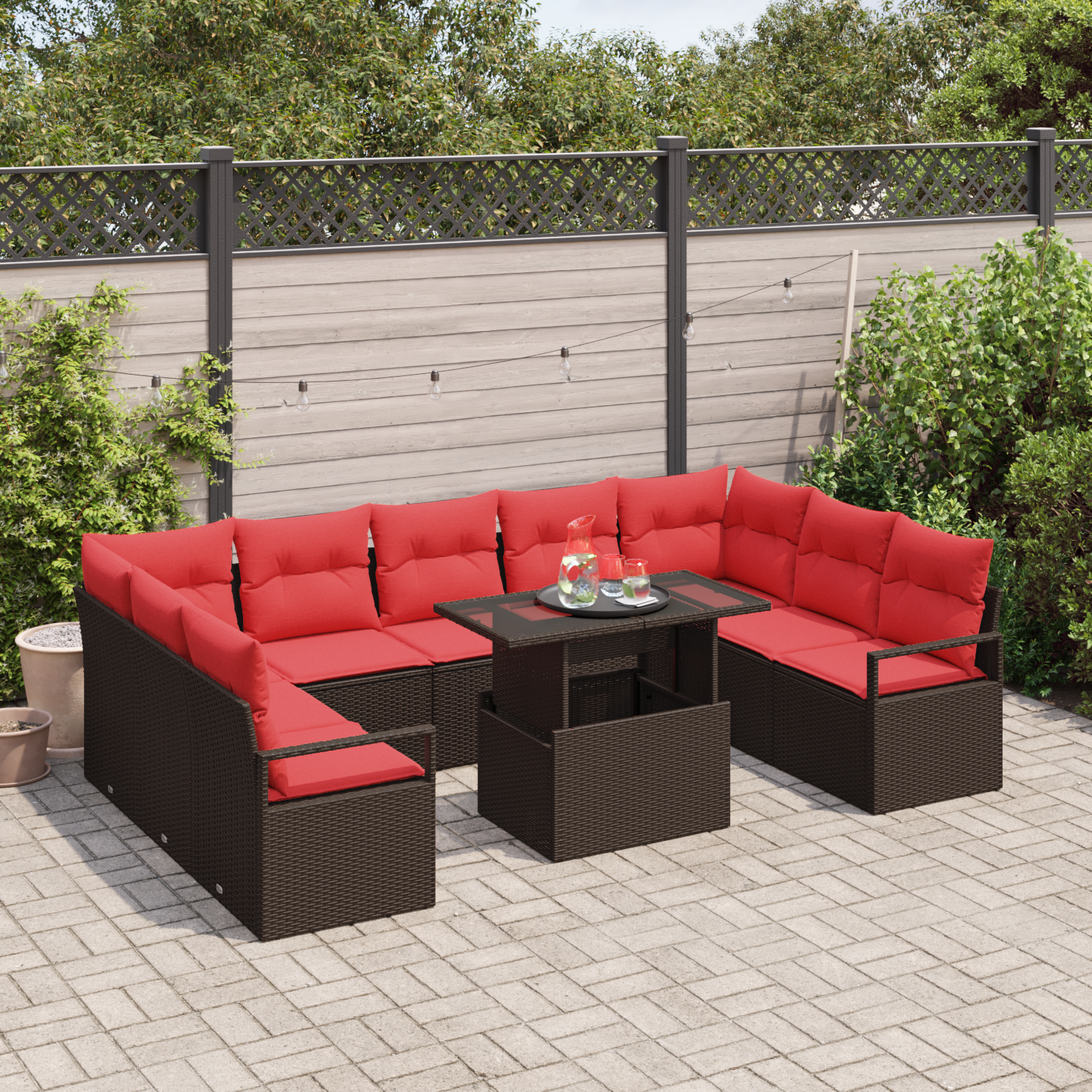Tuin Sofa Set met opslag 10 pcs Bruin en Rood Poly riet - Afbeelding 3