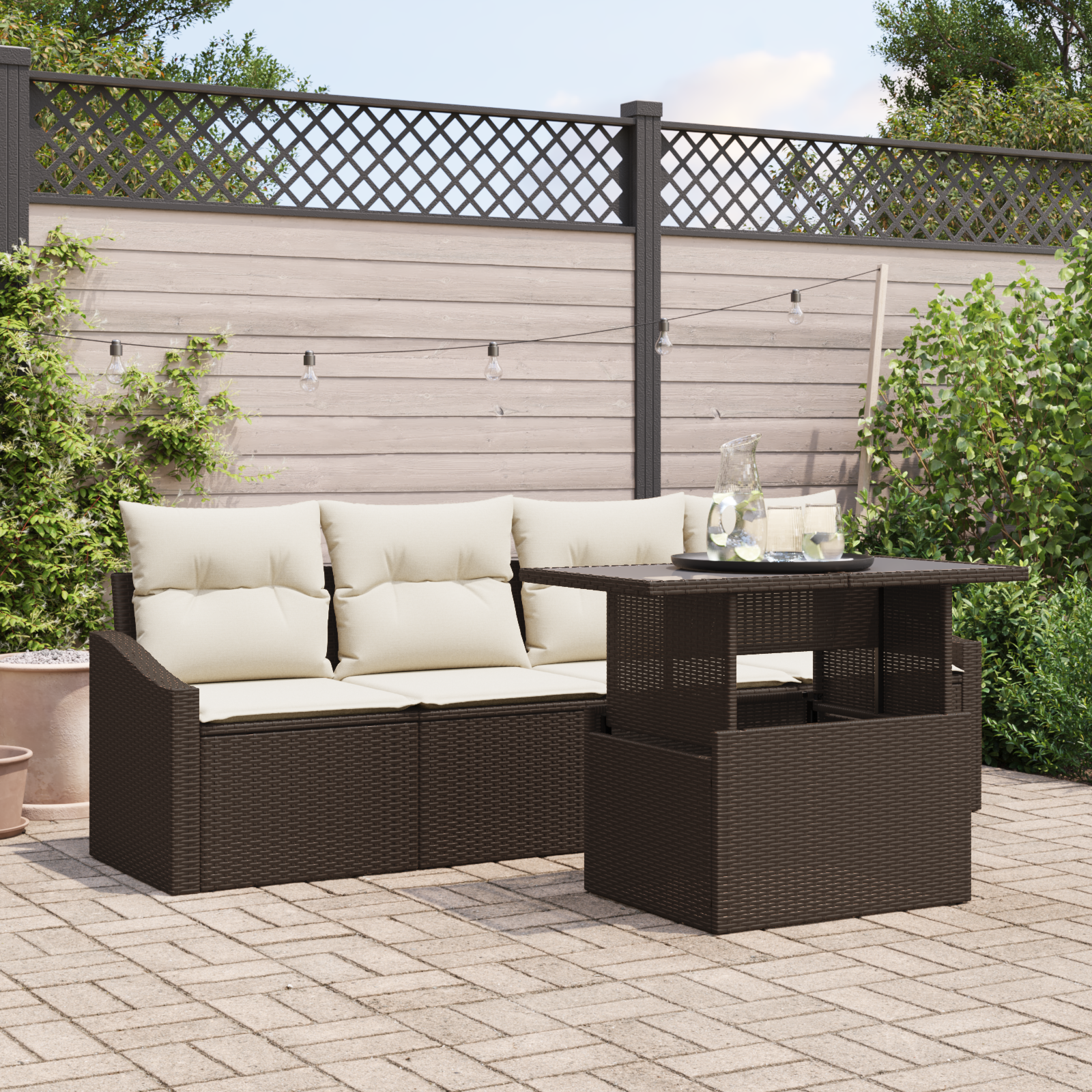 5 Dalių Sodo Sofa Komplektas su Pagalvėlėmis Rudas Poli Ratanas