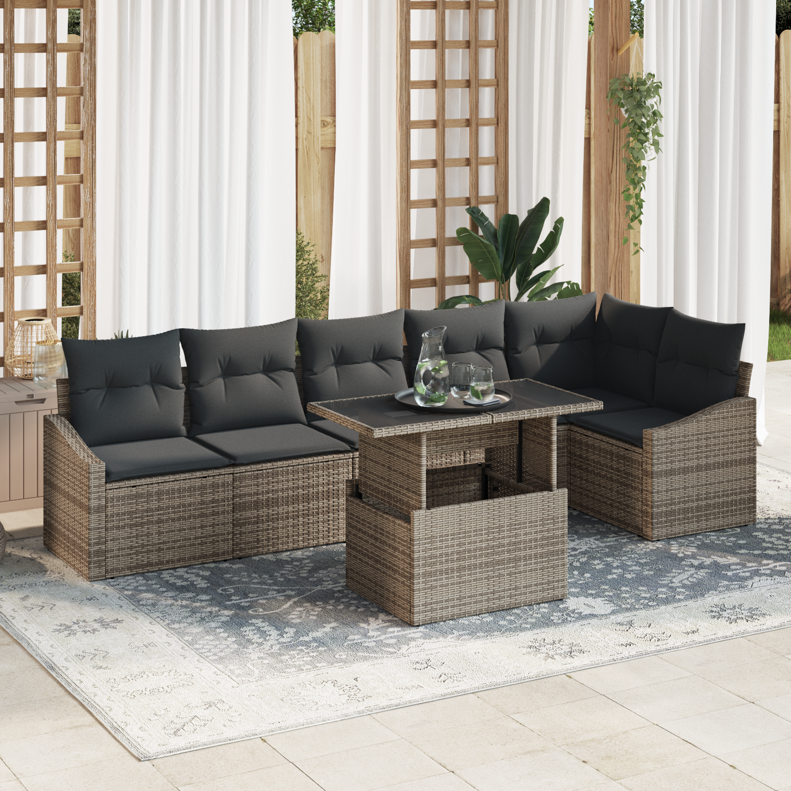 Thumbnail - vidaXL 7-teiliges Gartensofa-Set mit Kissen in Grau aus Poly Rattan