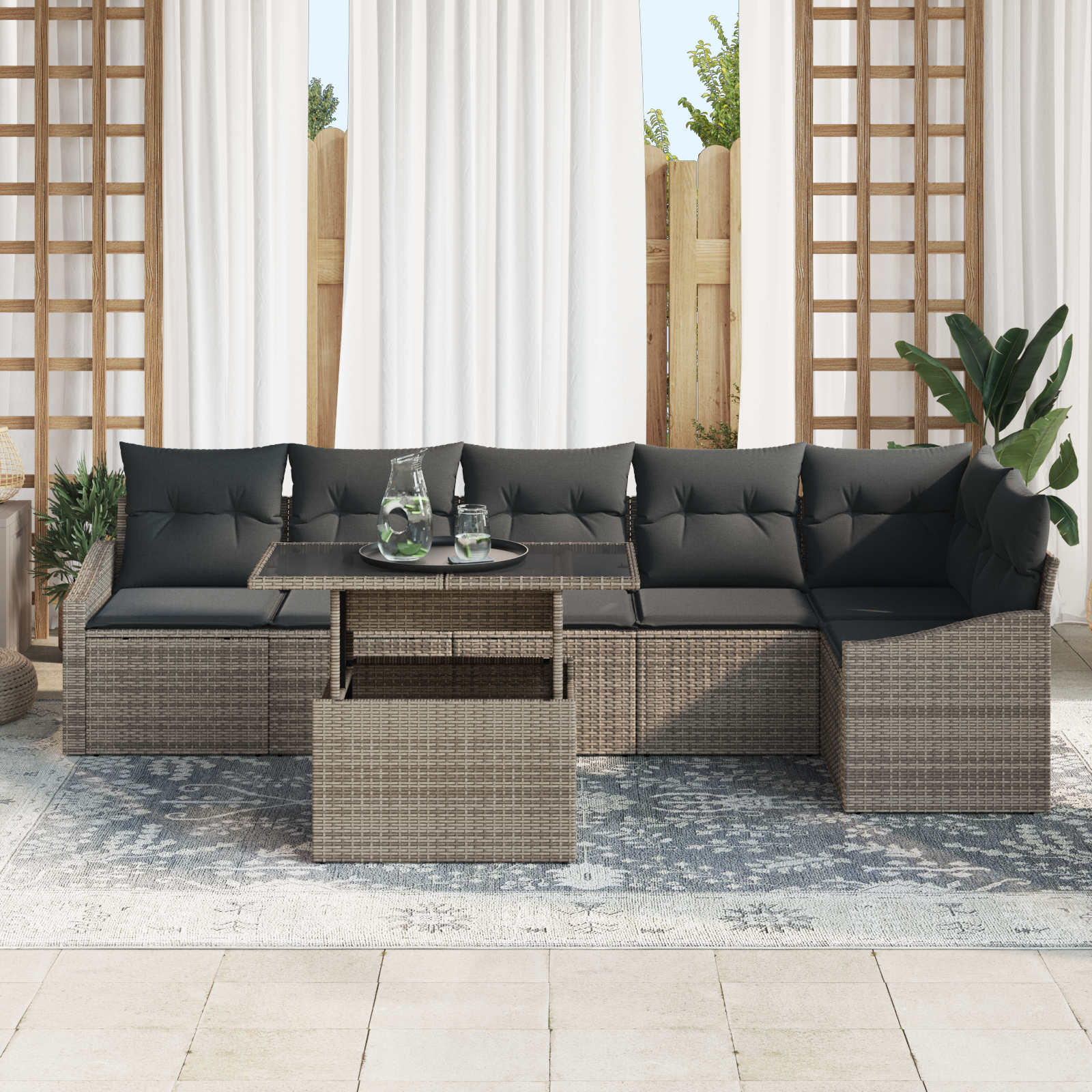 Thumbnail - vidaXL 7-teiliges Gartensofa-Set mit Kissen in Grau aus Poly Rattan