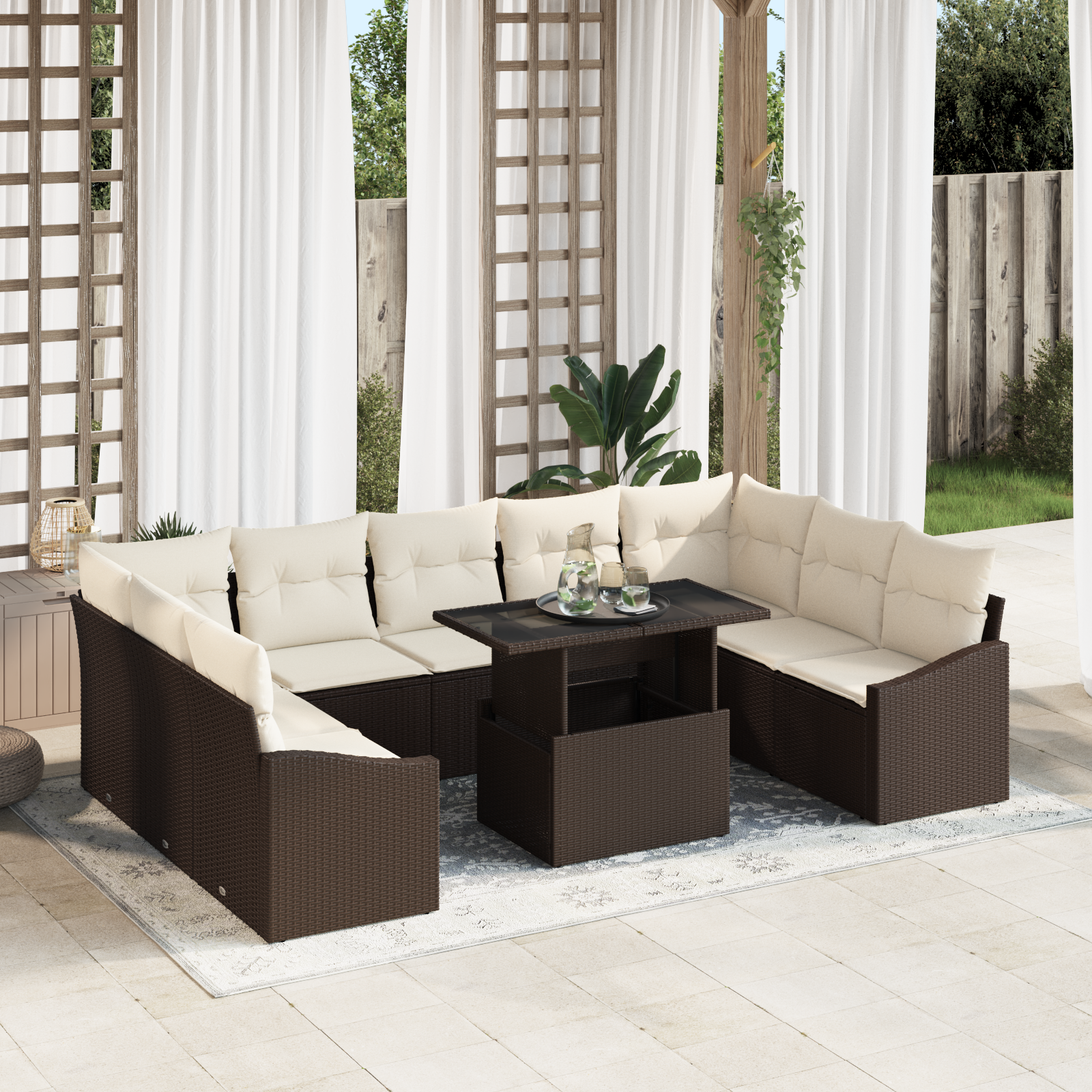 10 dalių sodo sofa komplektas su pagalvėlėmis ruda poli ratanas