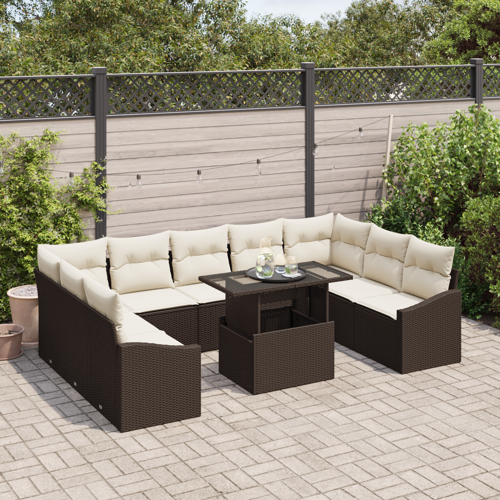 10 dalių sodo sofa komplektas su pagalvėlėmis ruda poli ratanas - Image 3