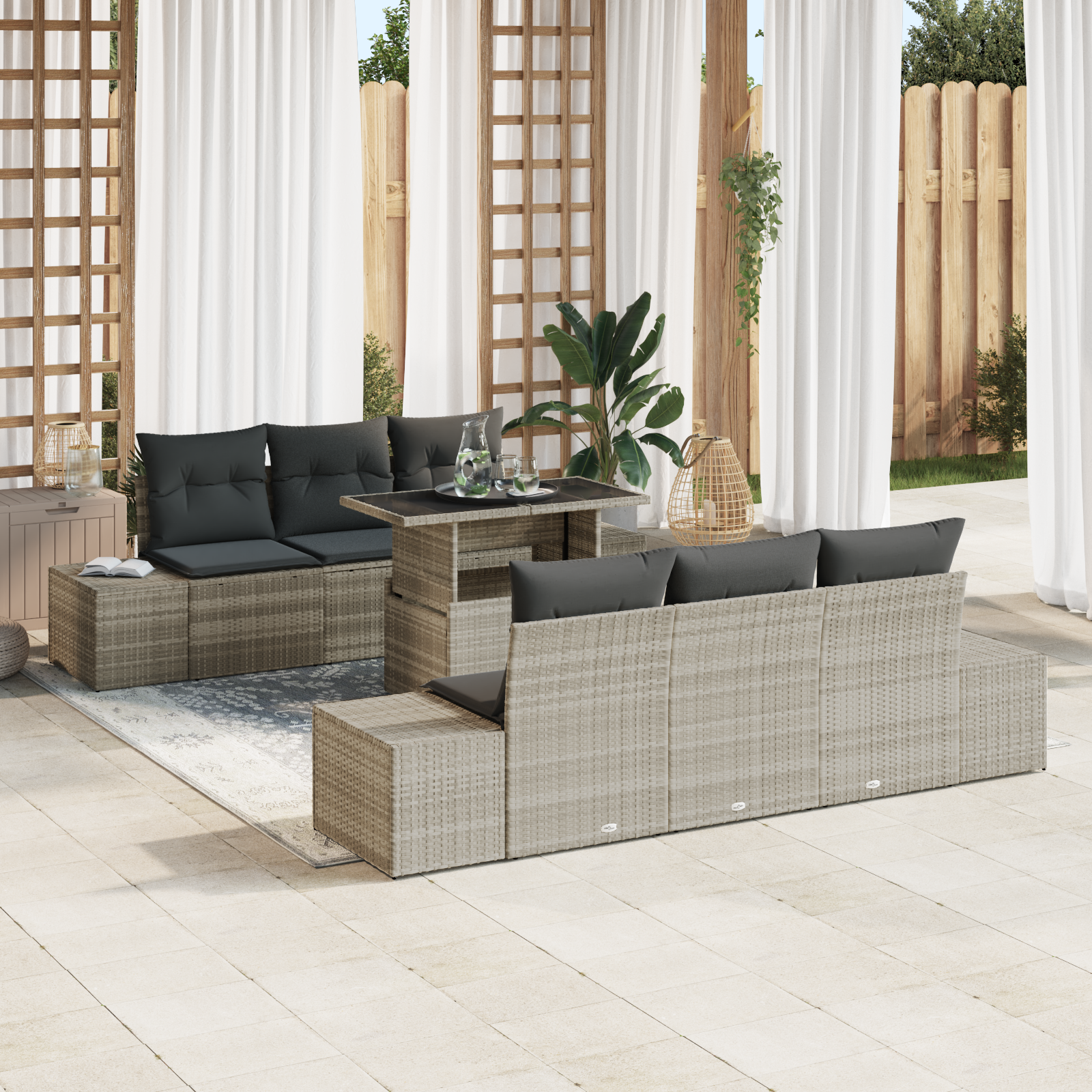 7 Dalių Sodo Sofa Rinkinys su Pagalvėlėmis Šviesiai Pilkas Poliratanas