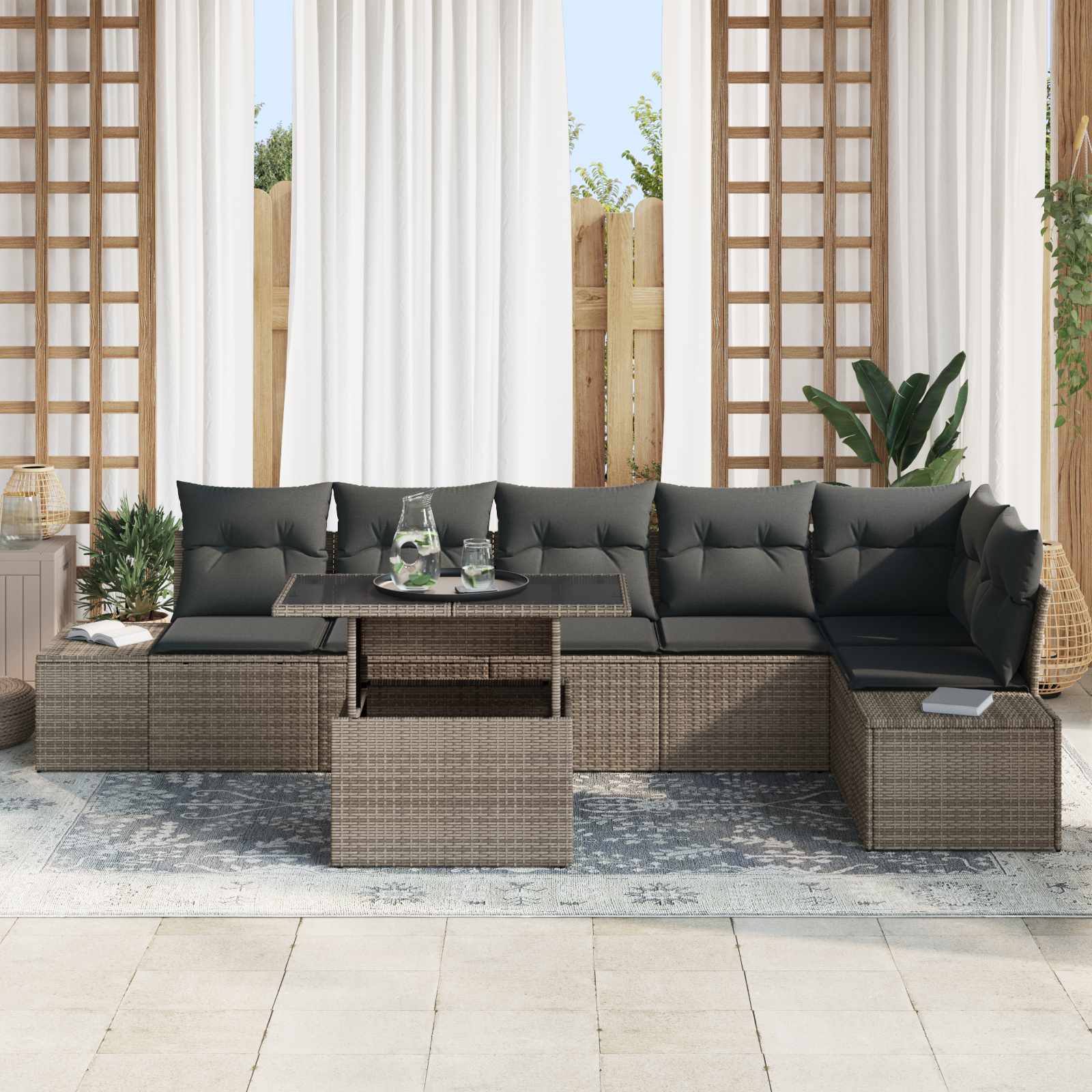 Thumbnail - vidaXL 7-teilige Garten-Sofagarnitur mit grauen Kissen aus Poly-Rattan