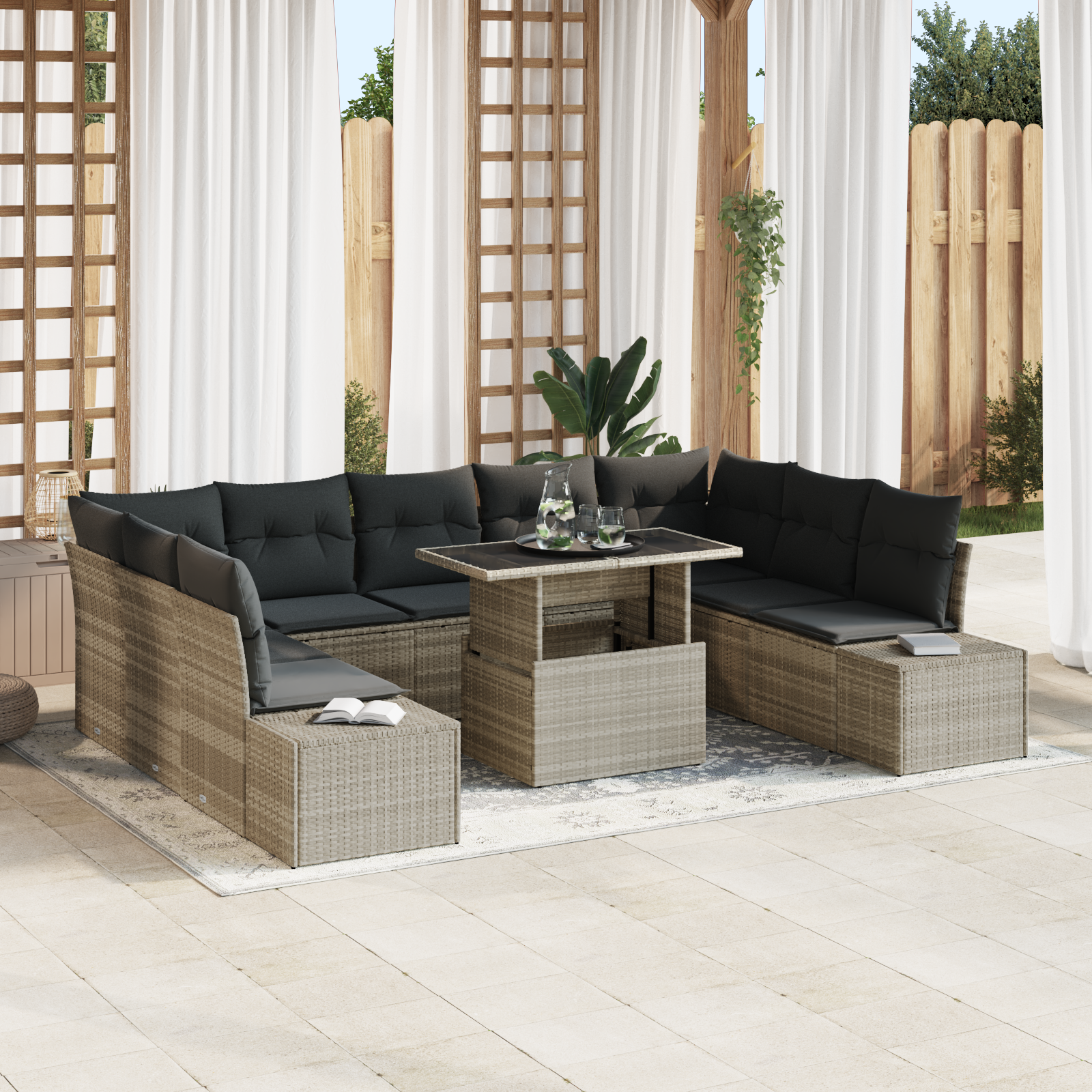 Tuin Sofa Set met kussen met opslag 10 pcs Lichtgrijs - Afbeelding 2