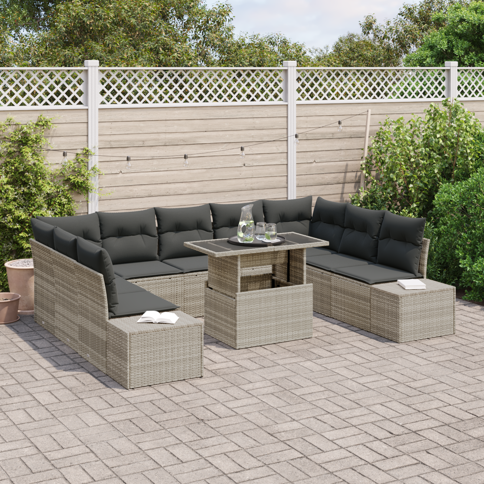 Tuin Sofa Set met kussen met opslag 10 pcs Lichtgrijs - Afbeelding 3