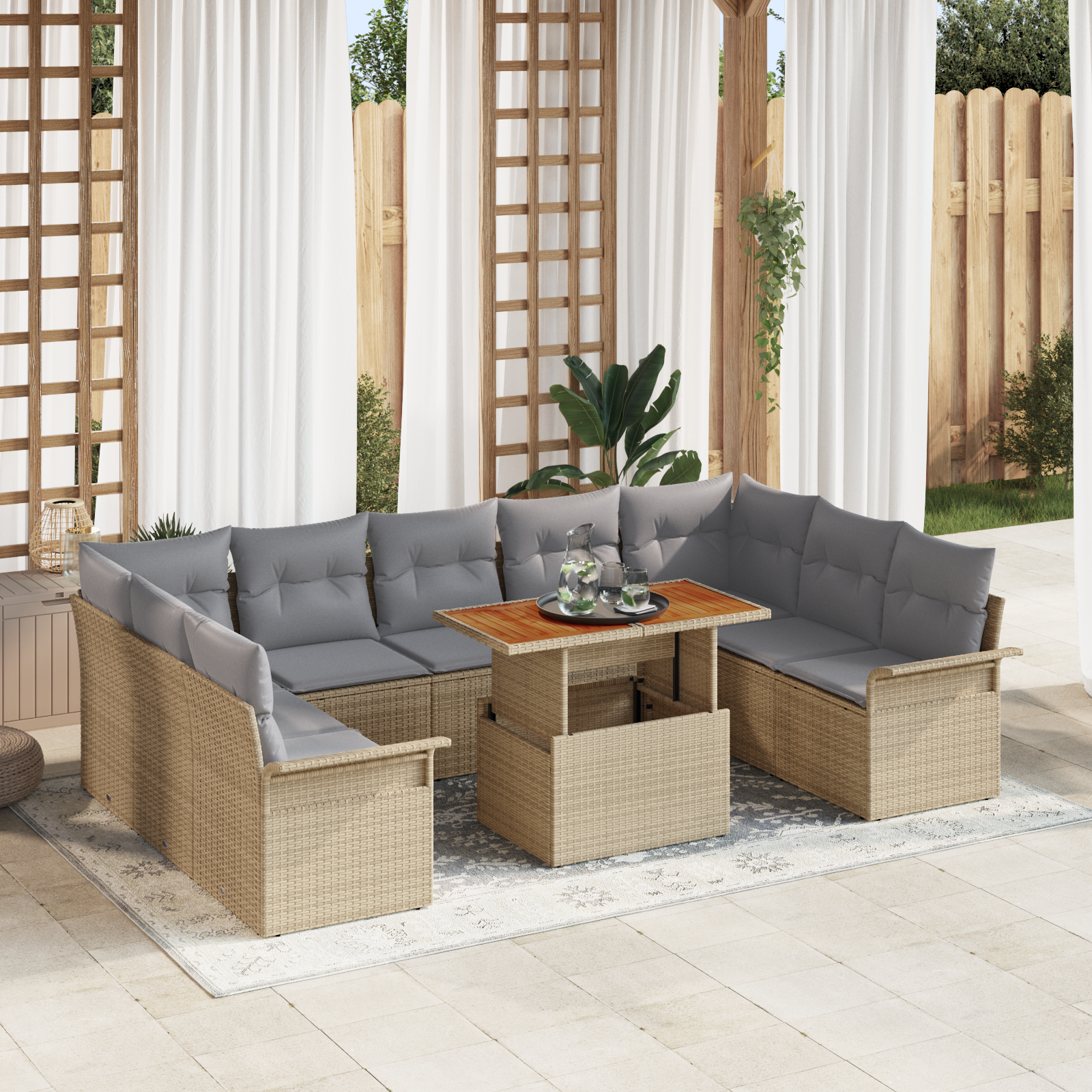 Thumbnail - vidaXL 10-tlg. Garten-Essgruppe mit Kissen Beige Poly Rattan Akazie
