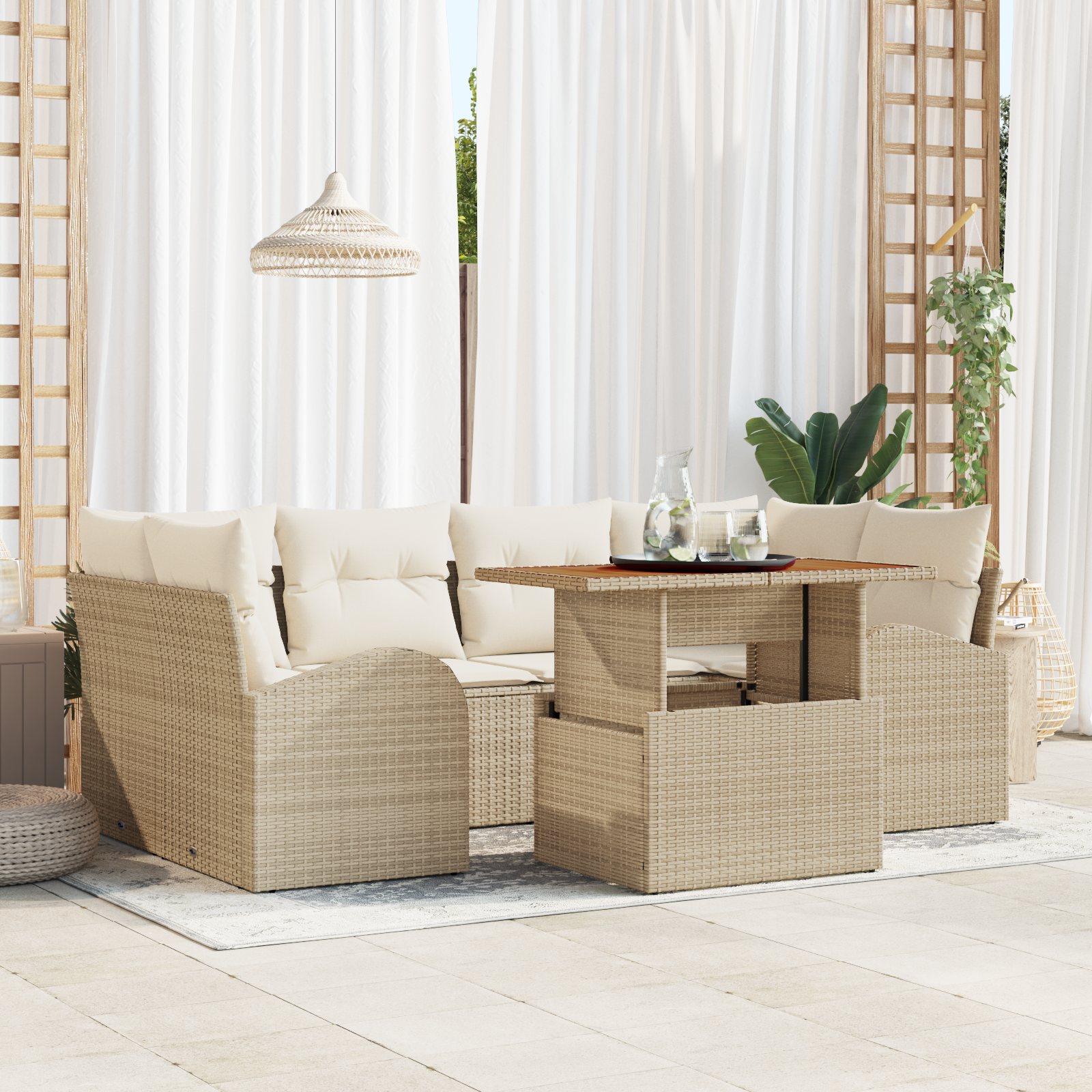 Thumbnail - vidaXL 7-tlg. Garten-Essgruppe mit Kissen Beige Poly Rattan Akazie