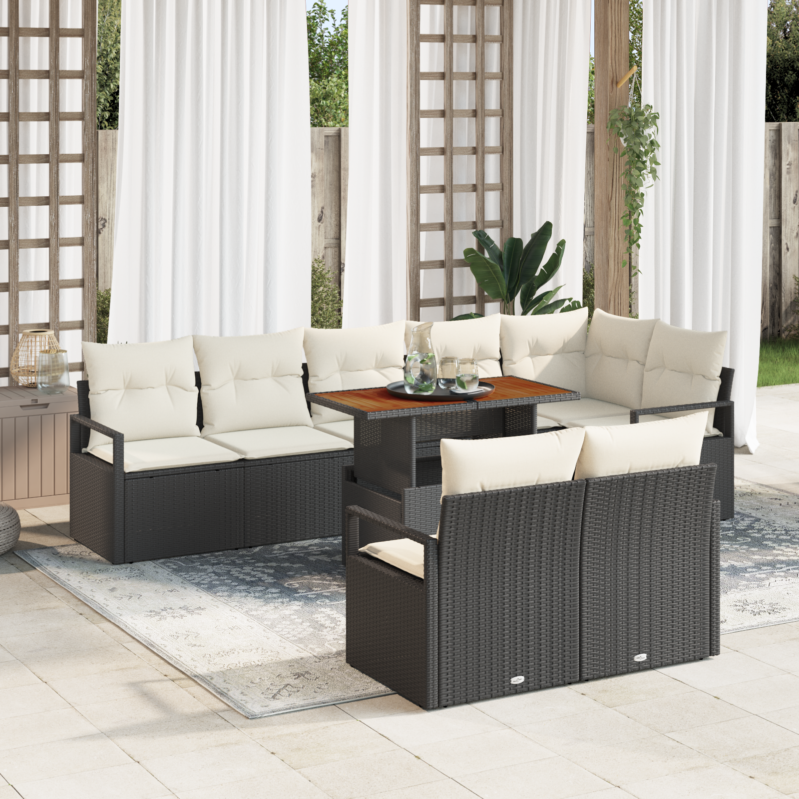 Tuin Sofa Set met kussen met kussen 9 pcs Zwart en Crème - Afbeelding 2