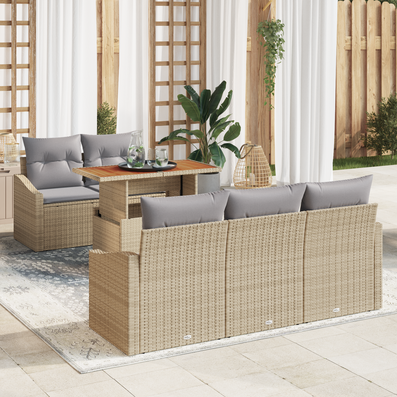 Conjunto de Jantar de Jardim de 6 Peças com Almofadas Bege Rattan Polipropileno Acácia Conjunto de Jantar de Jardim de 6 Peças com Almofadas Bege Rattan Polipropileno Acácia