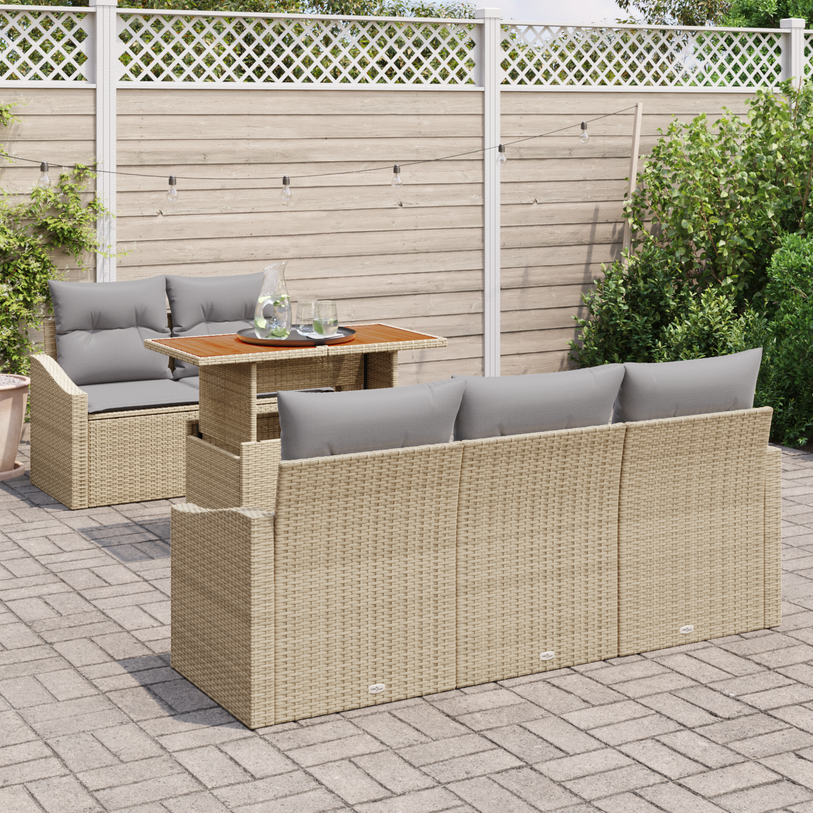 Conjunto de Jantar de Jardim de 6 Peças com Almofadas Bege Rattan Polipropileno Acácia
