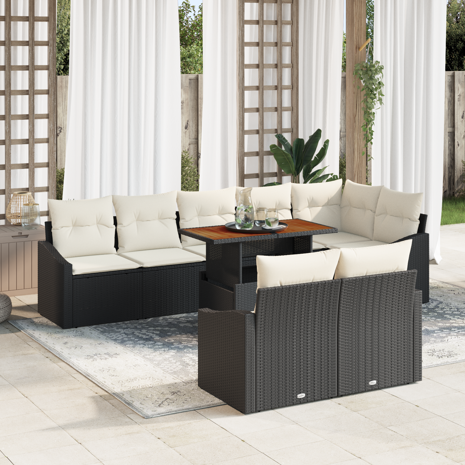 Tuin Sofa Set met kussen met kussen 9 pcs Zwart en Crème - Afbeelding 2