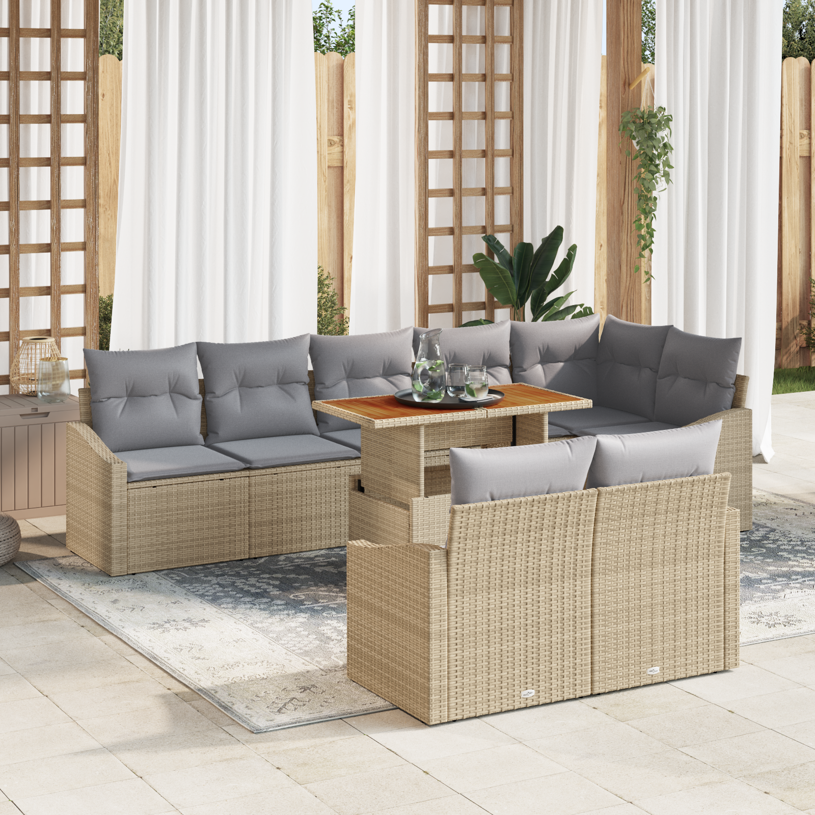 Conjunto de Jantar de 9 Peças para o Jardim com Almofadas em Bege de Rattan Sintético e Acácia Conjunto de Jantar de 9 Peças para o Jardim com Almofadas em Bege de Rattan Sintético e Acácia