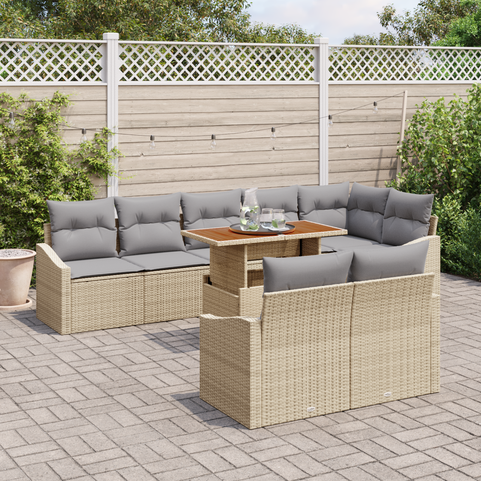 Conjunto de Jantar de 9 Peças para o Jardim com Almofadas em Bege de Rattan Sintético e Acácia