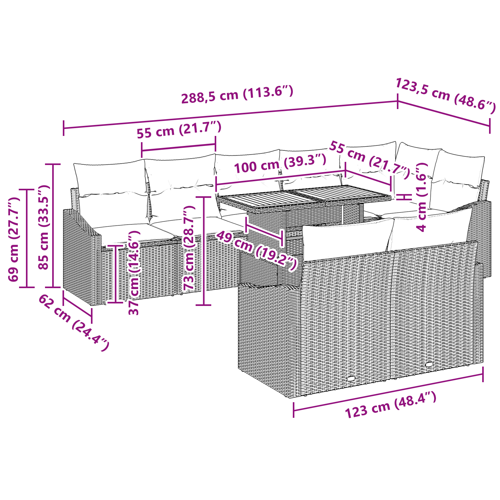 Conjunto de Jantar de 9 Peças para o Jardim com Almofadas em Bege de Rattan Sintético e Acácia