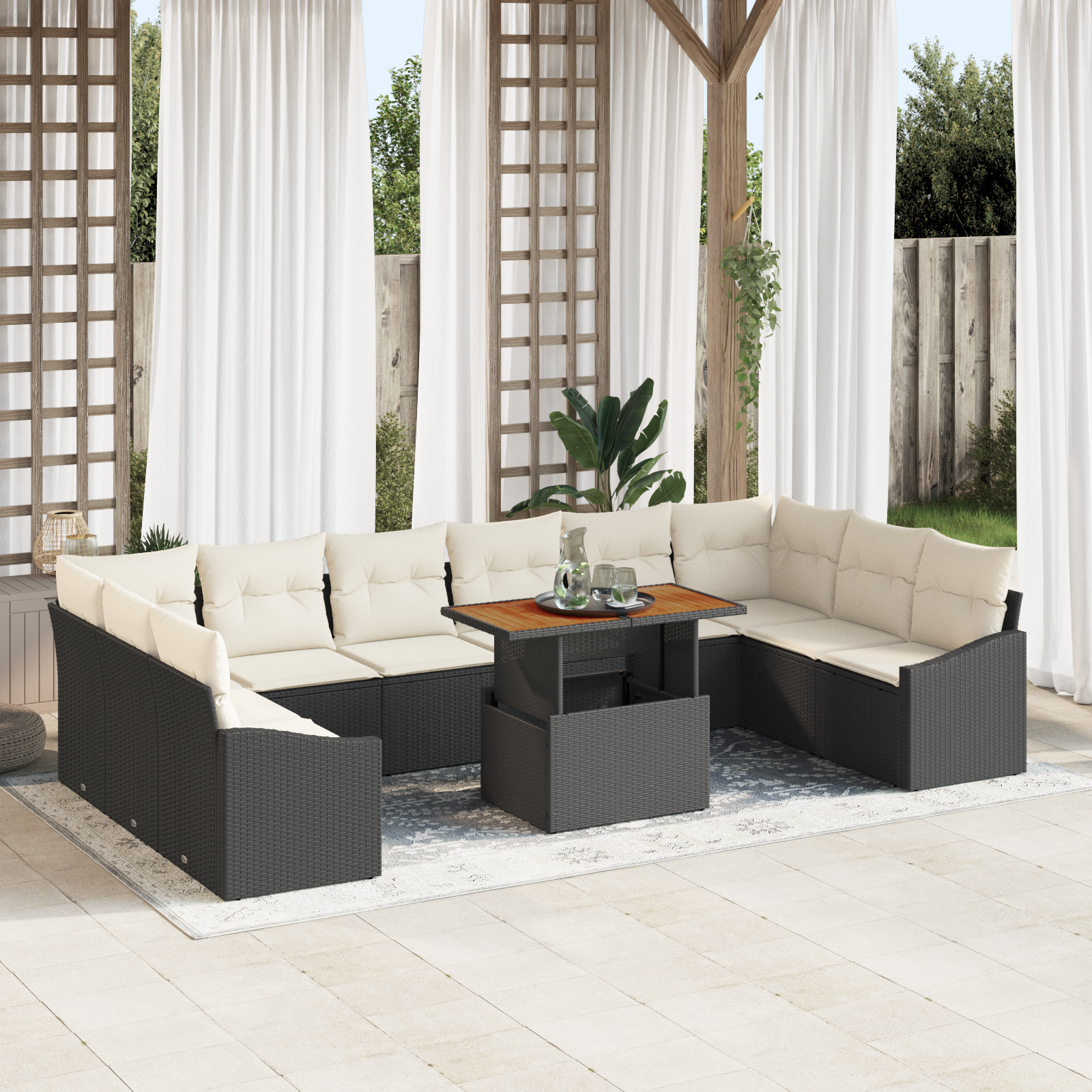 Thumbnail - vidaXL 11-teiliges Garten Esstischset mit Kissen Schwarz Poly Rattan Akazie
