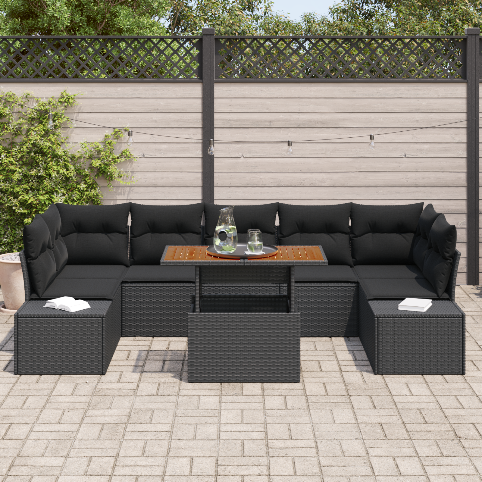 Thumbnail - vidaXL 8-teiliges Garten-Esszimmer Set mit Kissen in Schwarz aus Poly Rattan und Akazie