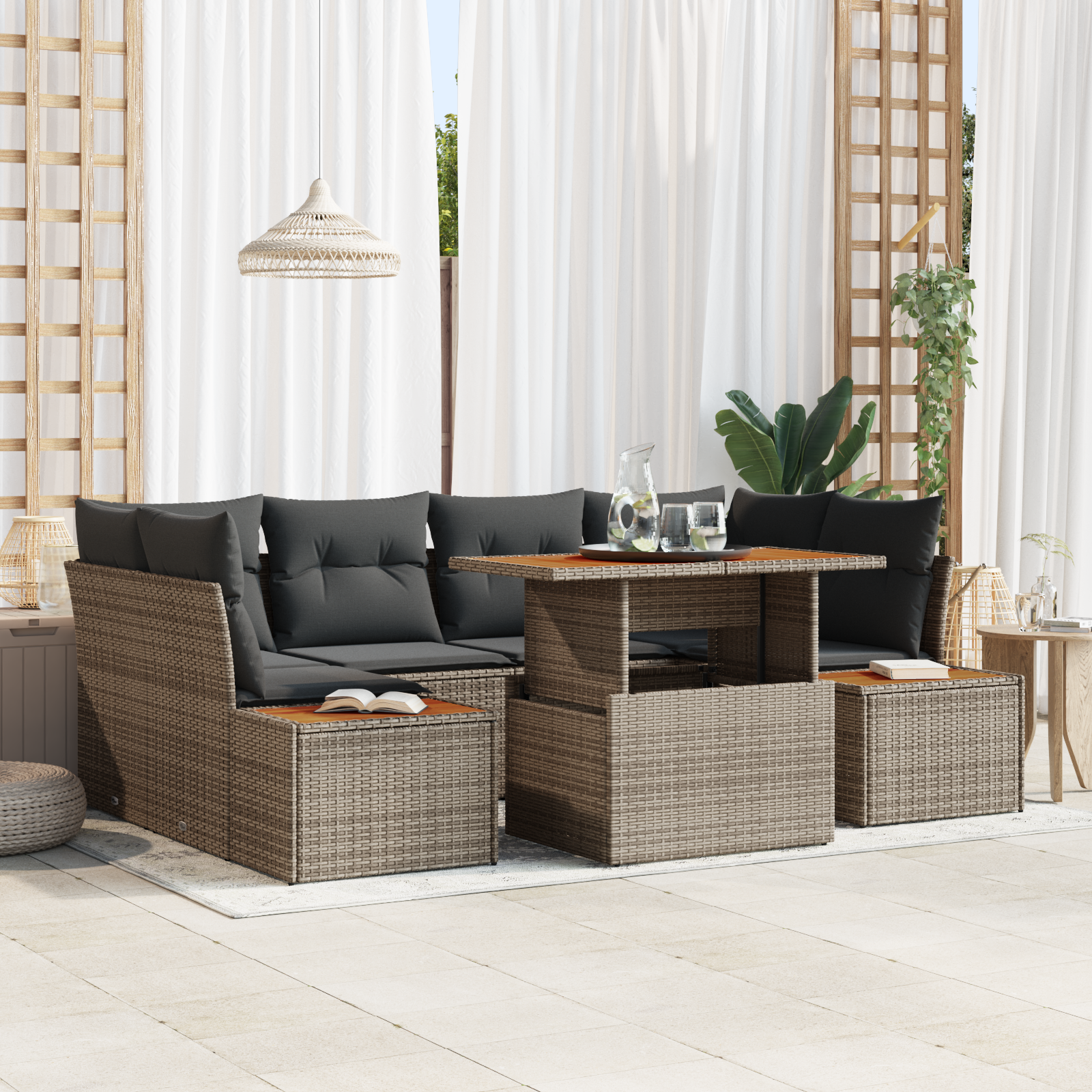Thumbnail - vidaXL 7-tlg. Garten-Essgruppe mit Kissen Grau Poly Rattan Akazie