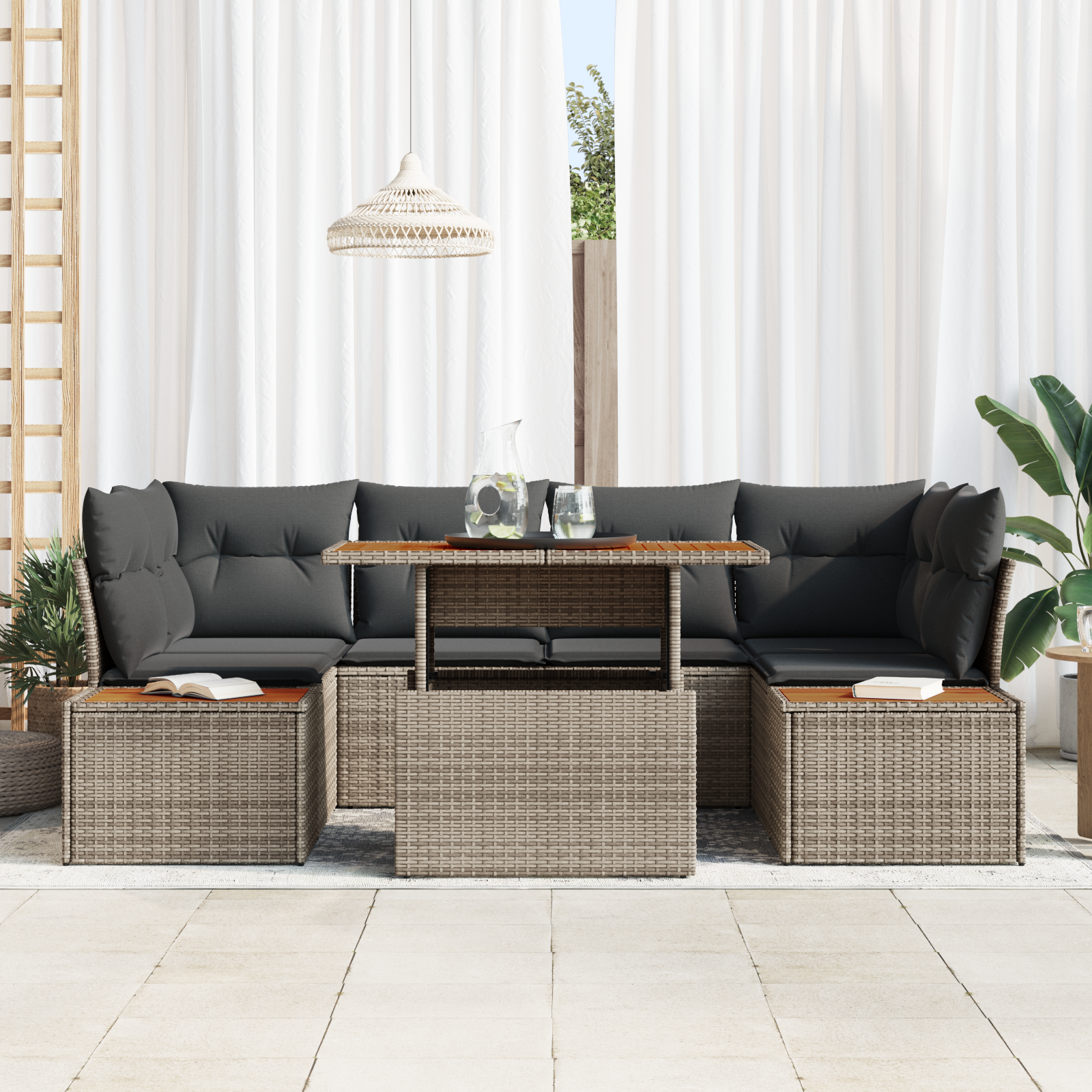 Thumbnail - vidaXL 7-tlg. Garten-Essgruppe mit Kissen Grau Poly Rattan Akazie