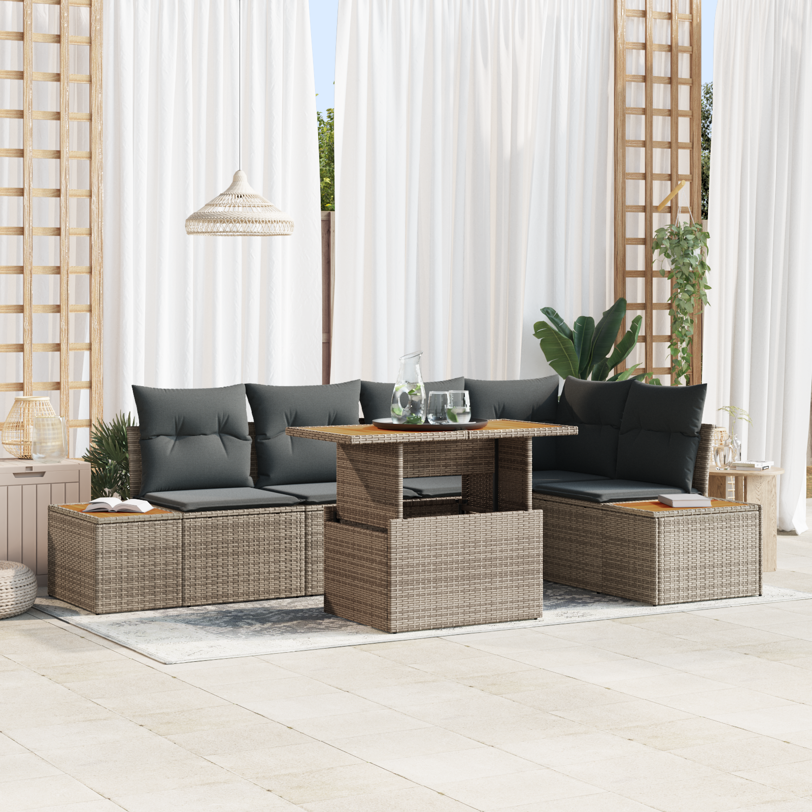 Thumbnail - vidaXL 6-tlg. Garten-Essgruppe mit Kissen Grau Poly Rattan Akazie