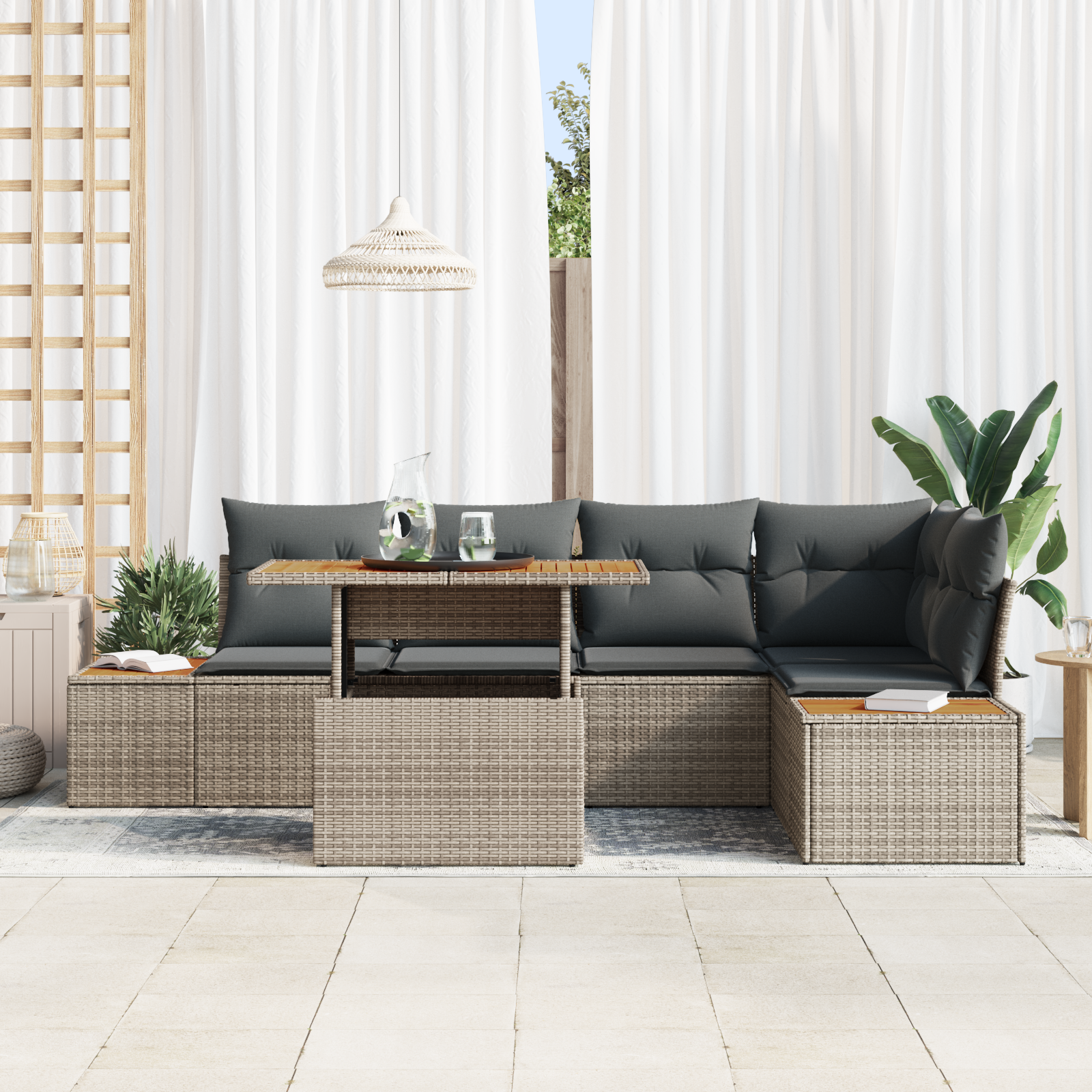 Thumbnail - vidaXL 6-tlg. Garten-Essgruppe mit Kissen Grau Poly Rattan Akazie