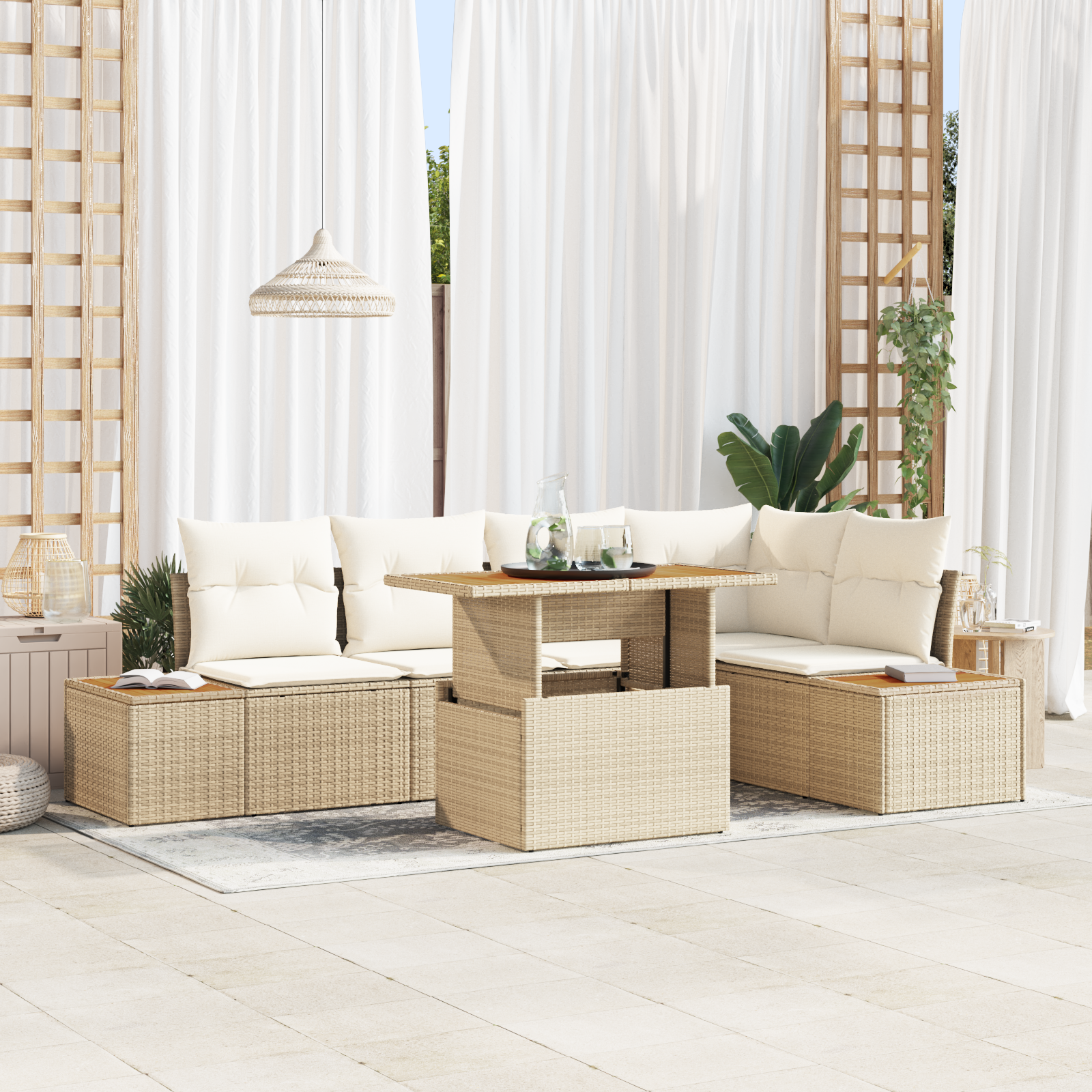 Thumbnail - vidaXL 6-teiliges Garten-Esszimmer-Set mit Kissen in Beige aus Poly Rattan und Akazie