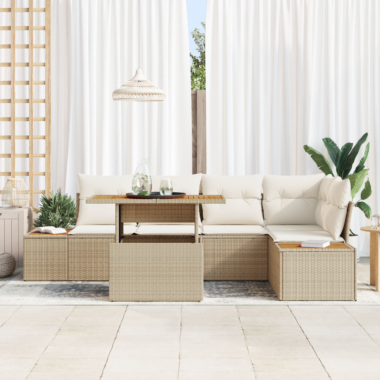 Thumbnail - vidaXL 6-teiliges Garten-Esszimmer-Set mit Kissen in Beige aus Poly Rattan und Akazie