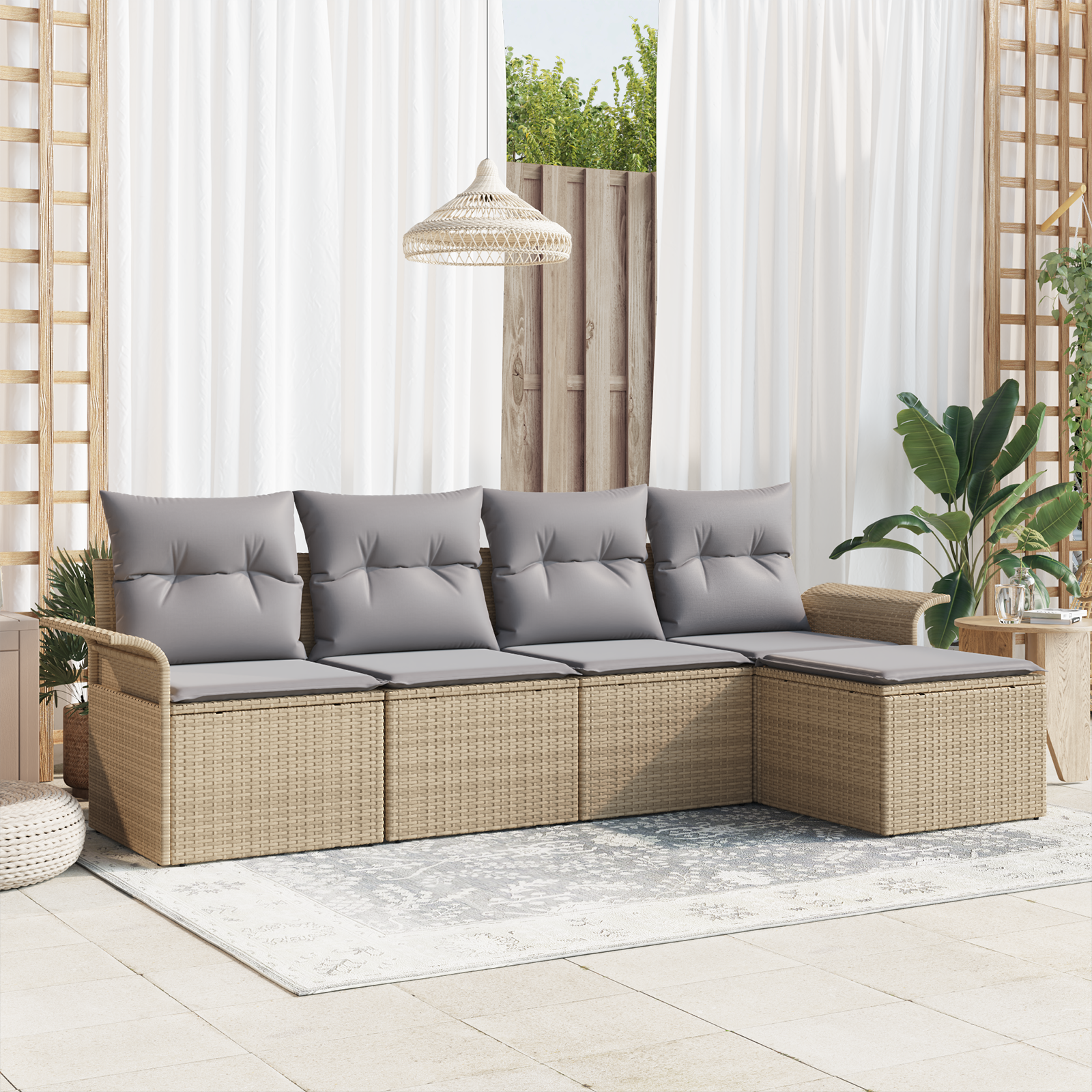 5-teiliges Garten Sofa Set mit Kissen in beigem Poly Rattan