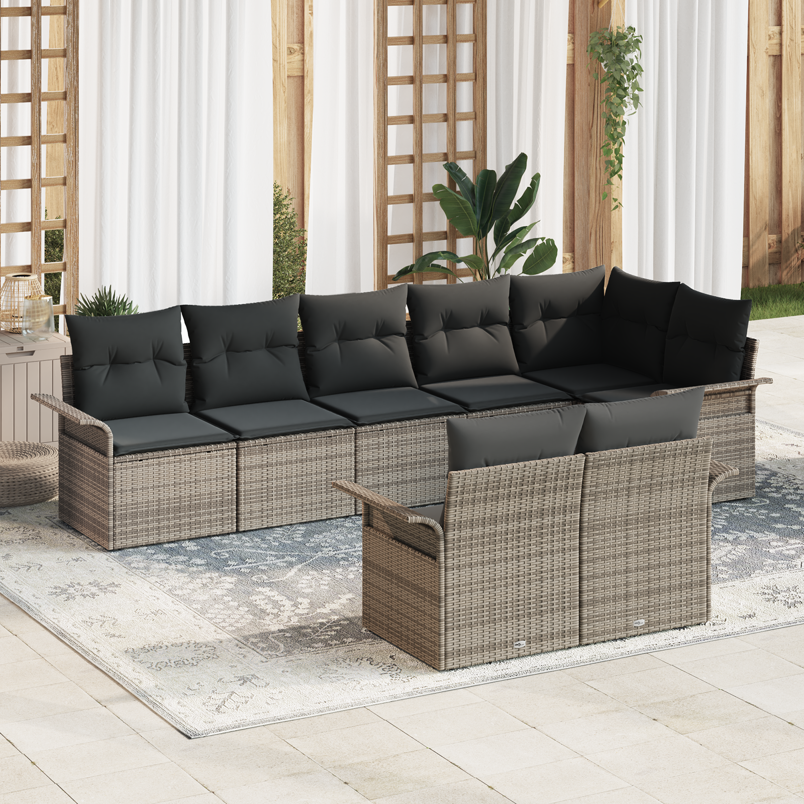Set divani giardino in 8 pezzi con cuscini grigi in polyrattan
