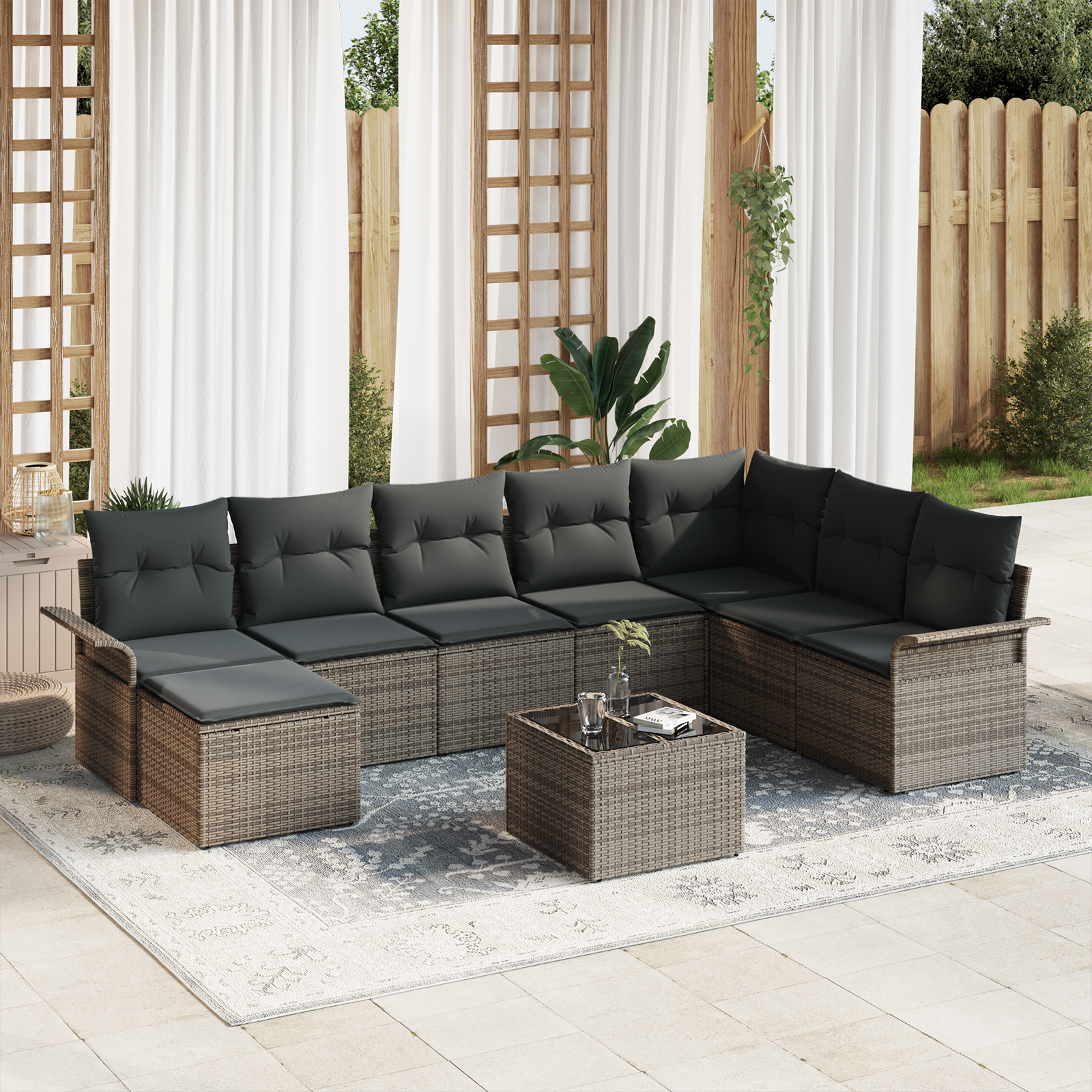 Set divano giardino 8 pezzi e cuscini, Rattan Poliestere Nero