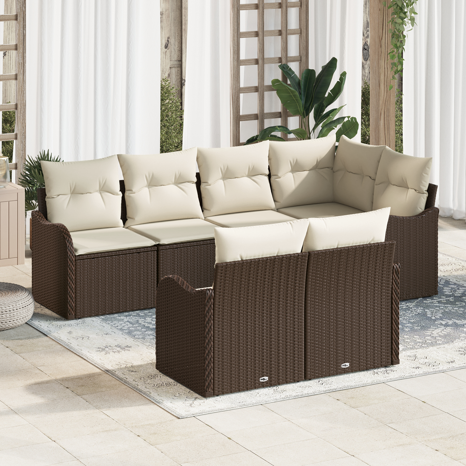 7 Piece Garden Sofa Set with Cushions Brown Poly Rattan