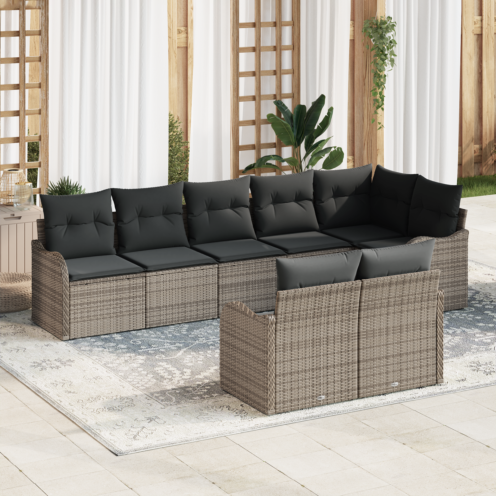 Set di Divani da Giardino con Cuscini Grigio Polyrattan 8 Pezzi