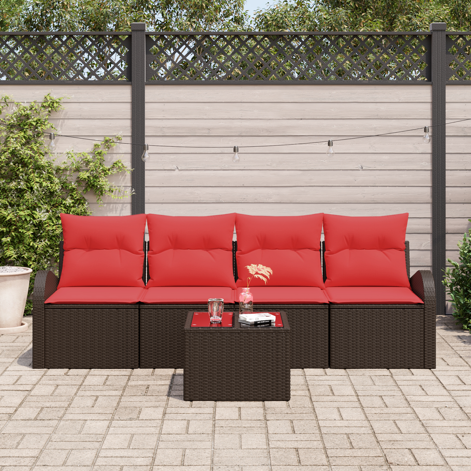 Tuin Sofa Set met opslag 5 pcs Beige en Rood poly rattan - Afbeelding 3