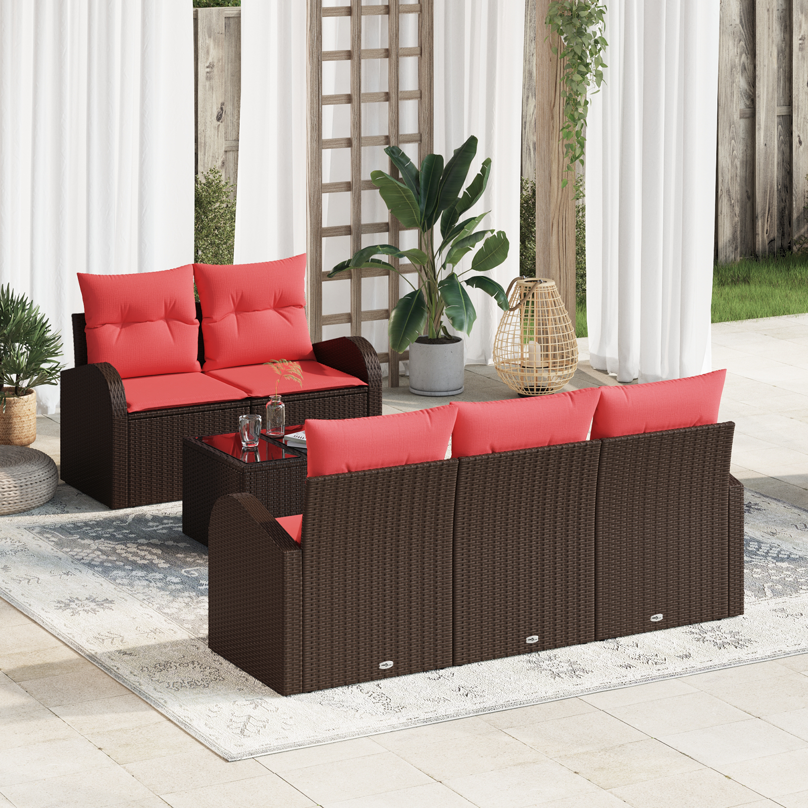 Tuin Sofa Set met opslag 6 pcs Beige en Rood poly rattan - Afbeelding 2