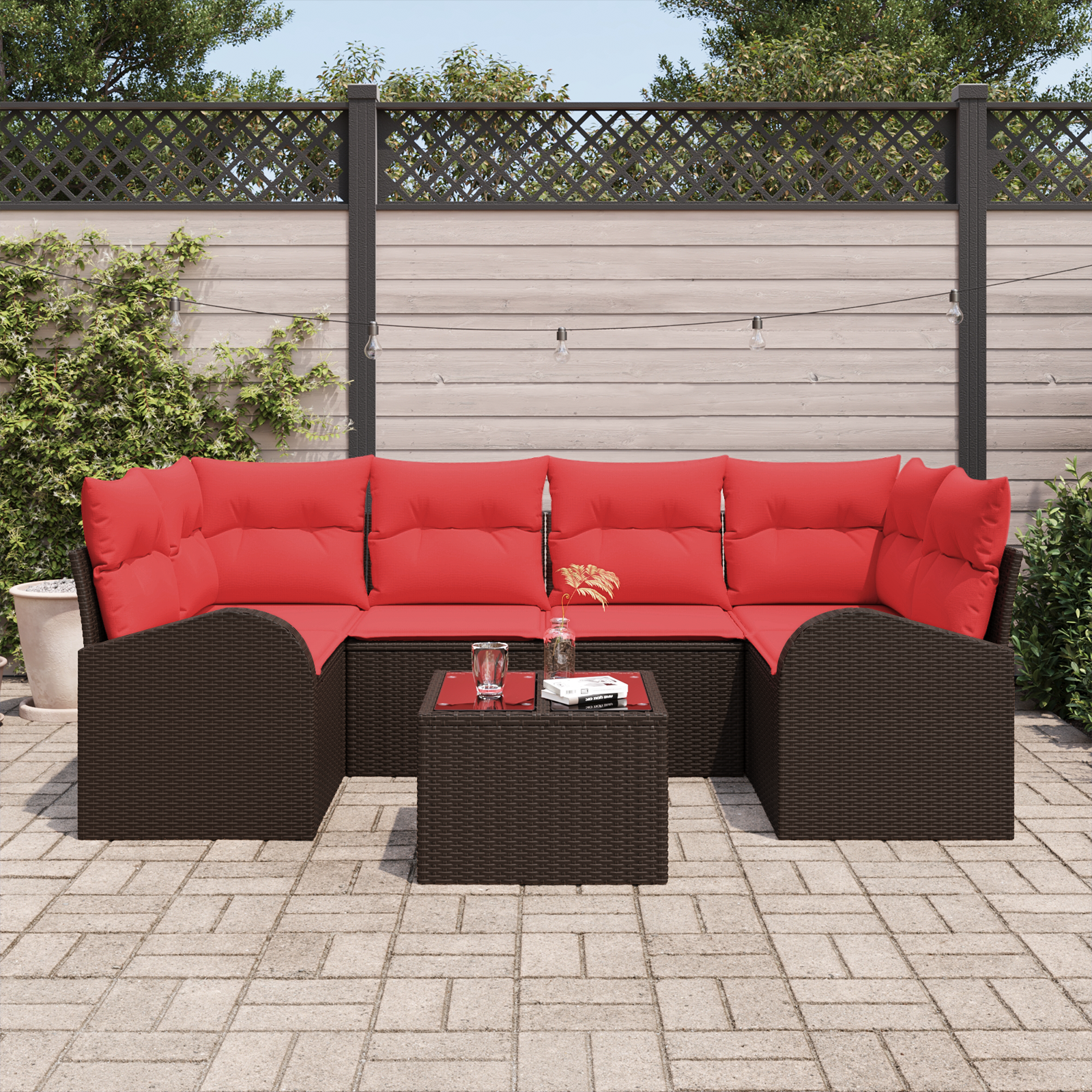Tuin Sofa Set met opslag 7 pcs Beige en Rood poly rattan - Afbeelding 3