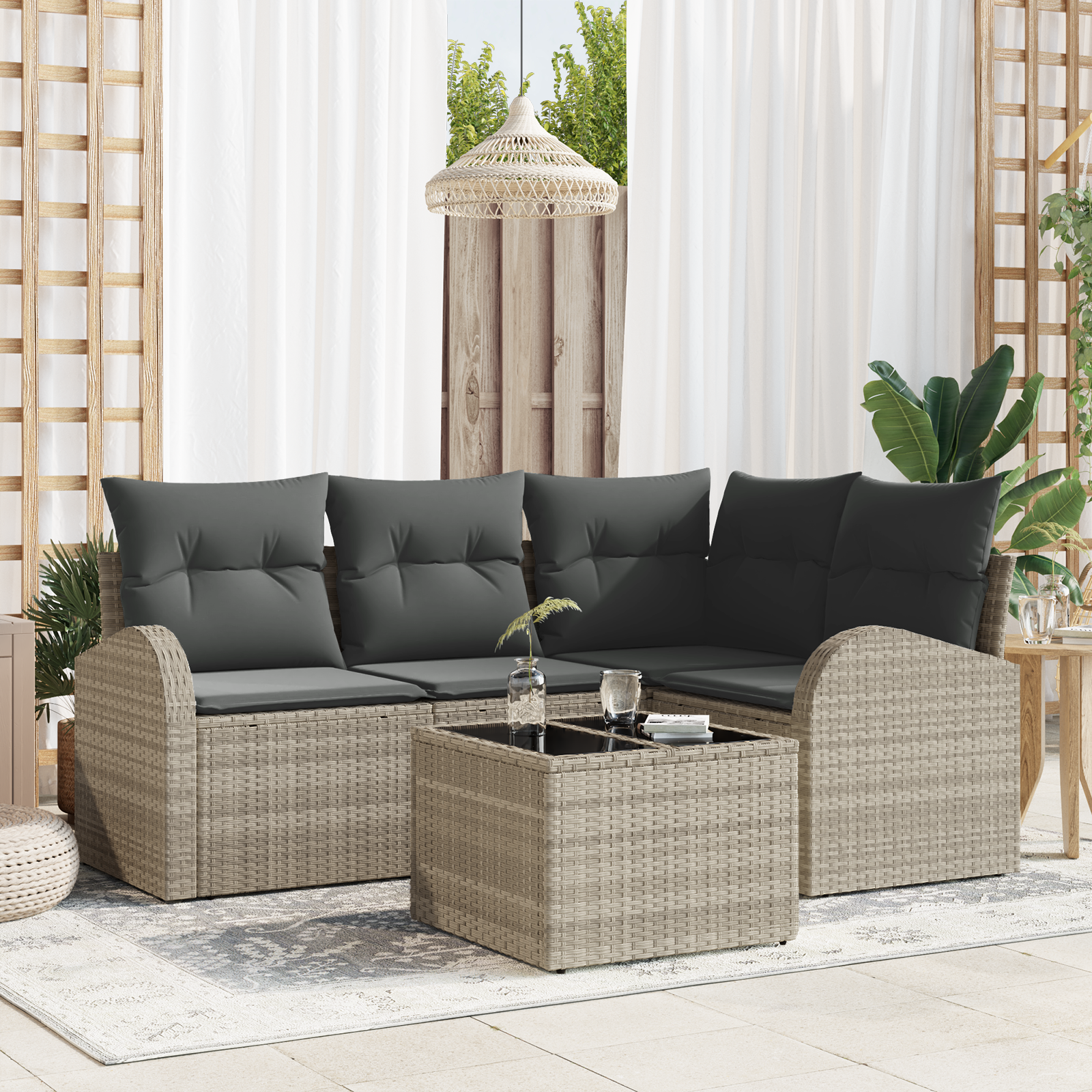 5 dalių Sodo Sofa Rinkinys su Pagalvėlėmis Šviesiai Pilkas Poliratanas