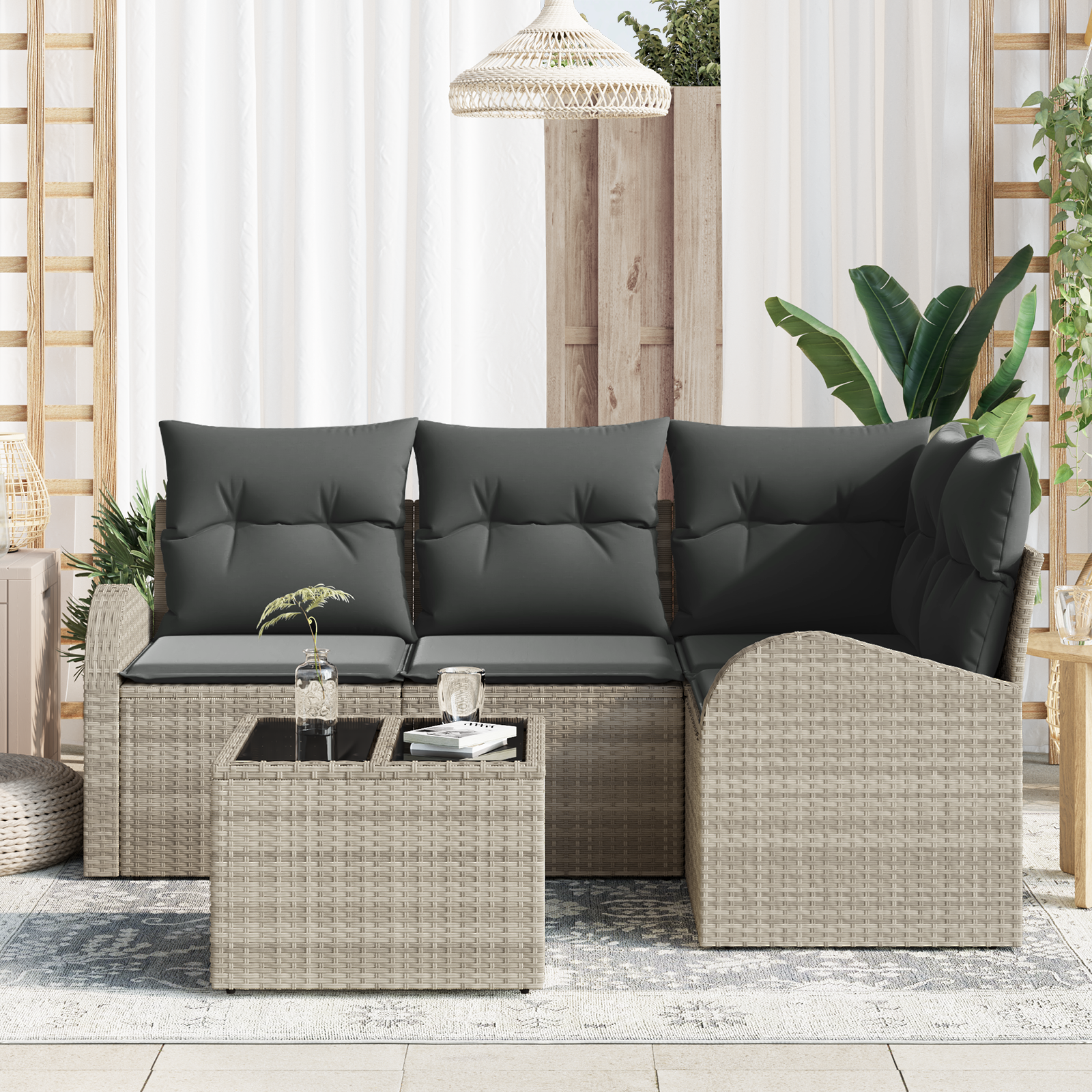 5 dalių Sodo Sofa Rinkinys su Pagalvėlėmis Šviesiai Pilkas Poliratanas - Image 3