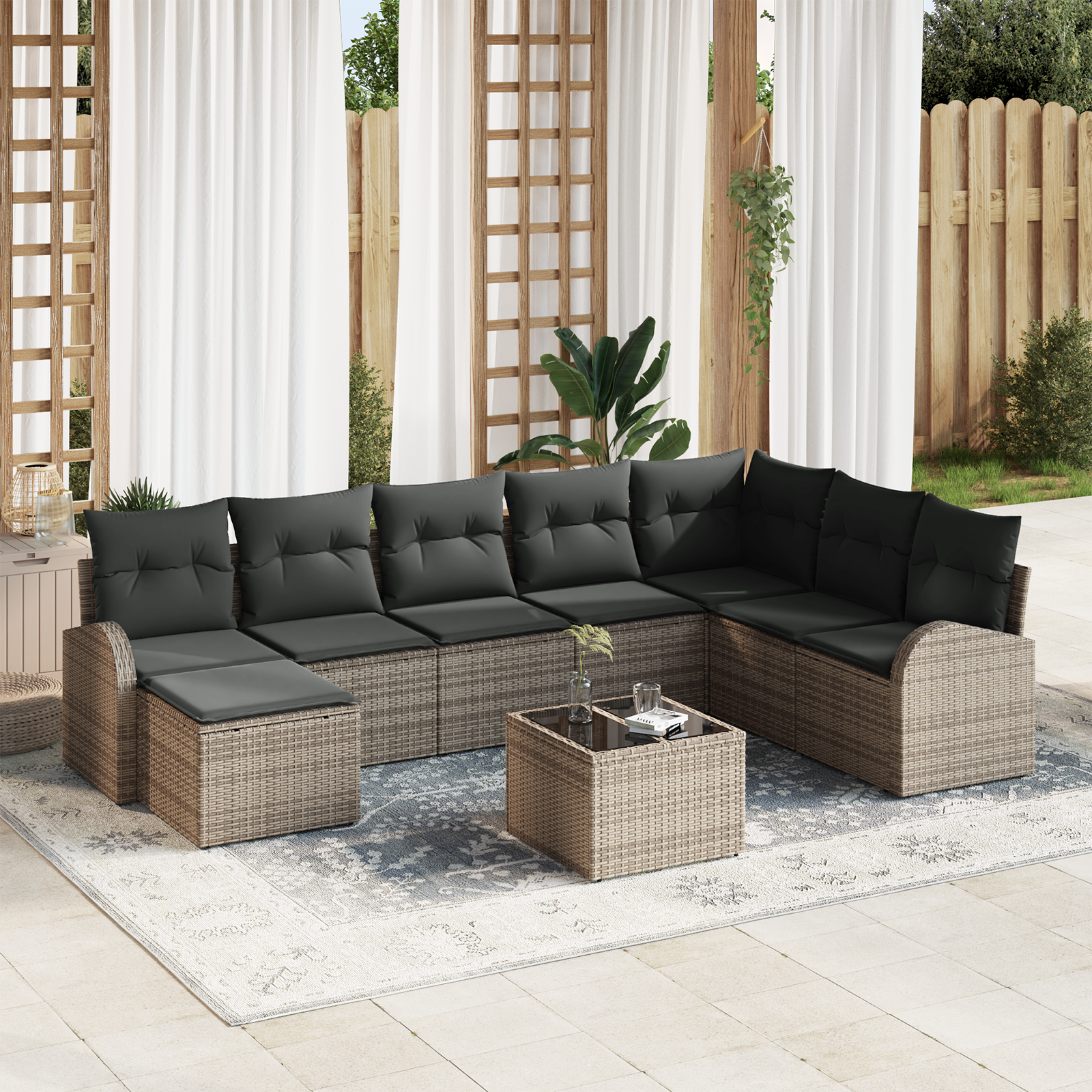 Set di divani da giardino da 8 pezzi con cuscini in rattan polimerico nero
