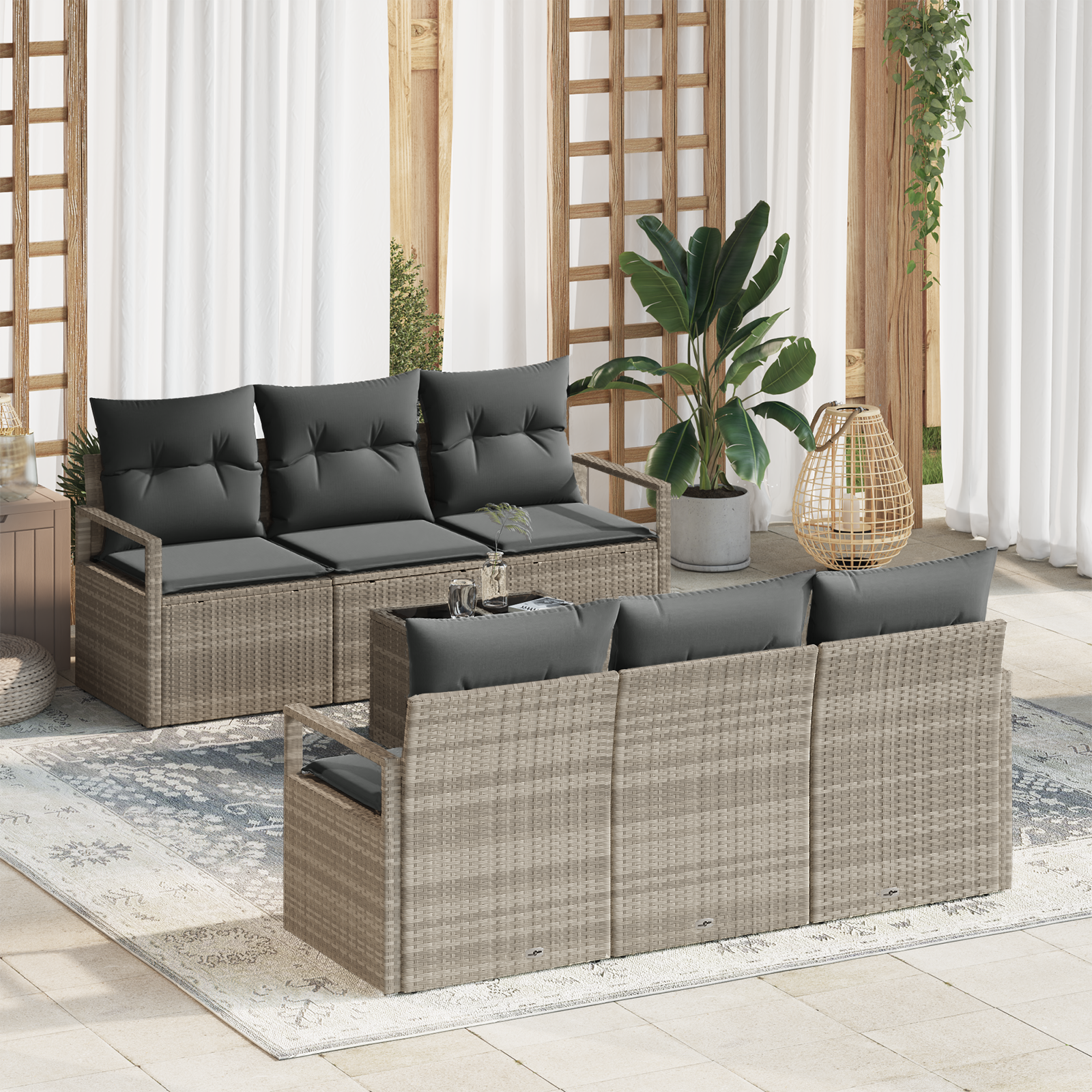 7-teiliges Garten-Sofa-Set mit Kissen in Hellgrau Poly-Rattan