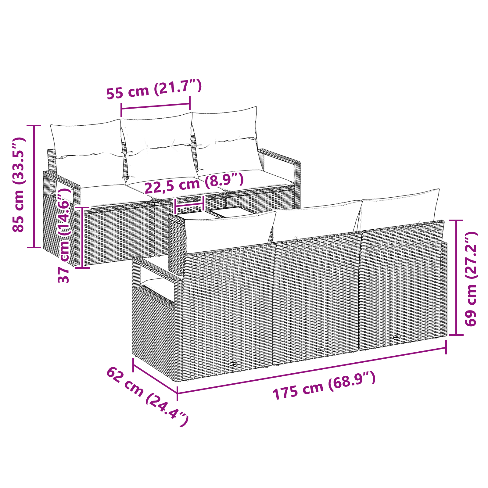 7-teiliges Garten-Sofa-Set mit Kissen in Hellgrau Poly-Rattan – Bild 11