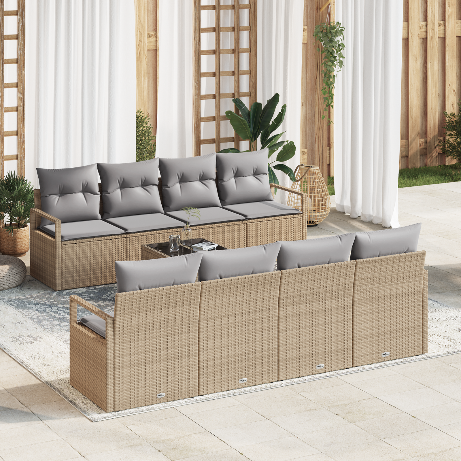 9-teiliges Garten Sofa Set mit Kissen in beigem Poly Rattan
