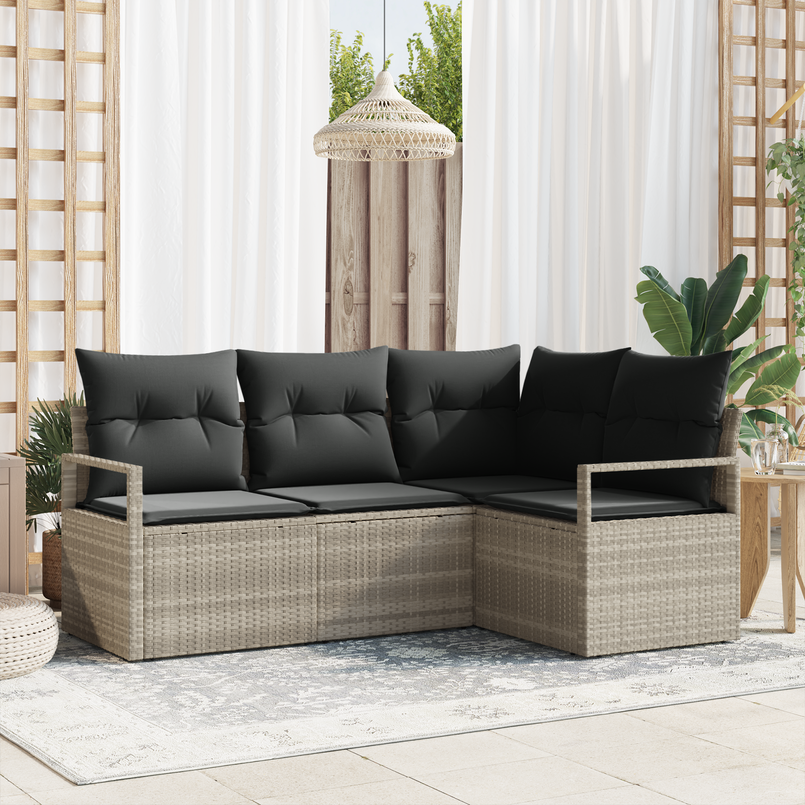 4-teiliges Garten Sofa Set mit Kissen in Hellgrau Poly Rattan
