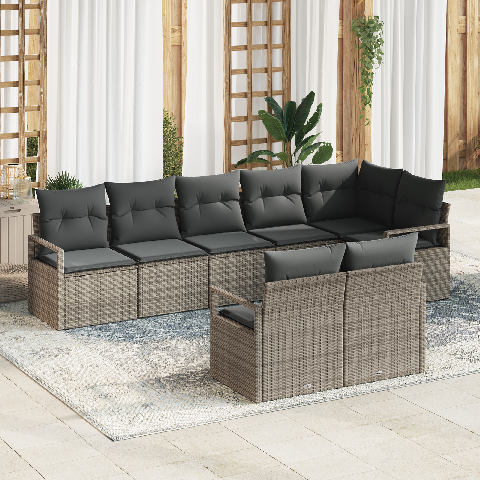 Set di Divano da Giardino a 8 Pezzi con Cuscini Grigio Polyrattan