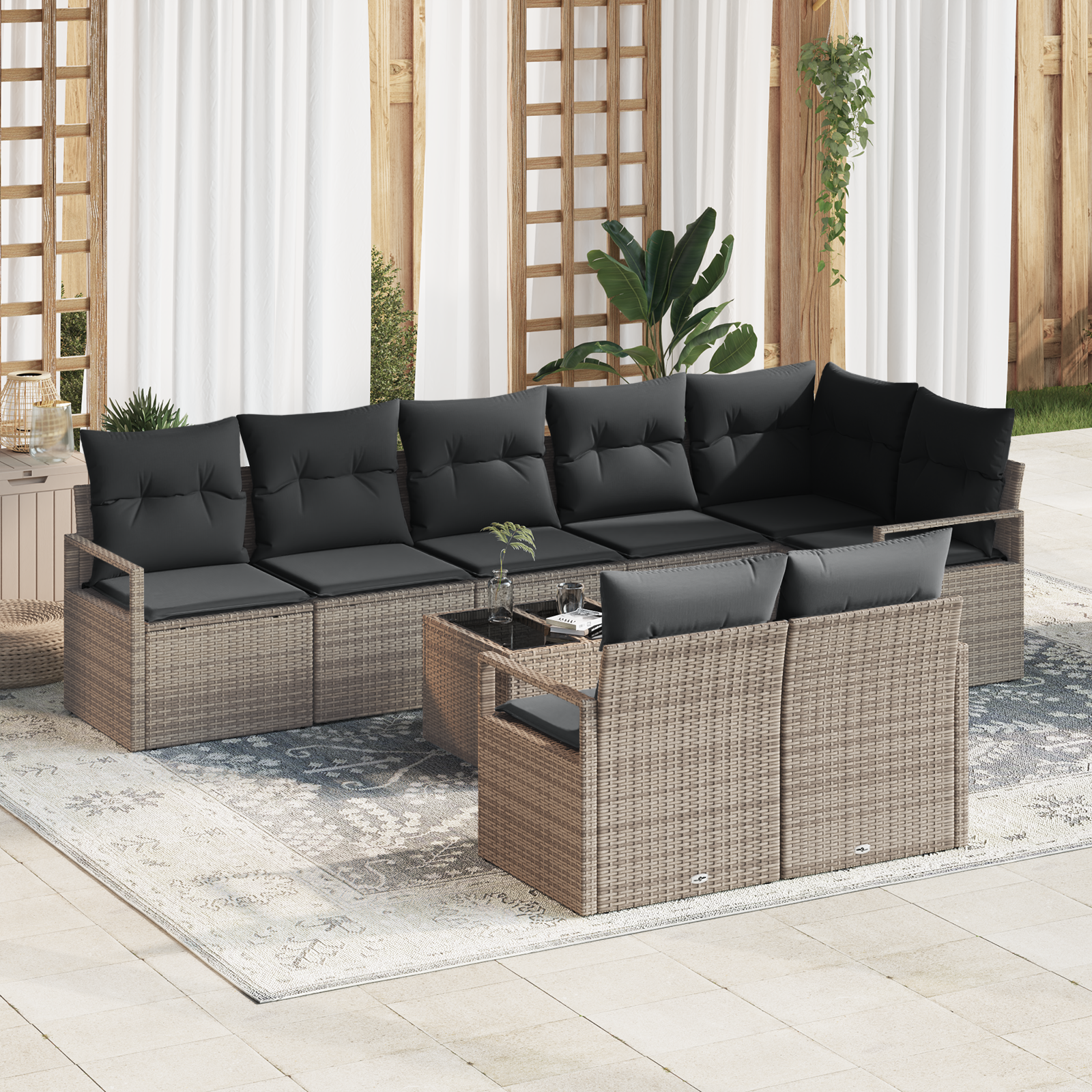 Set di Divani da Giardino in 8 Pezzi con Cuscini Neri in Poly Rattan