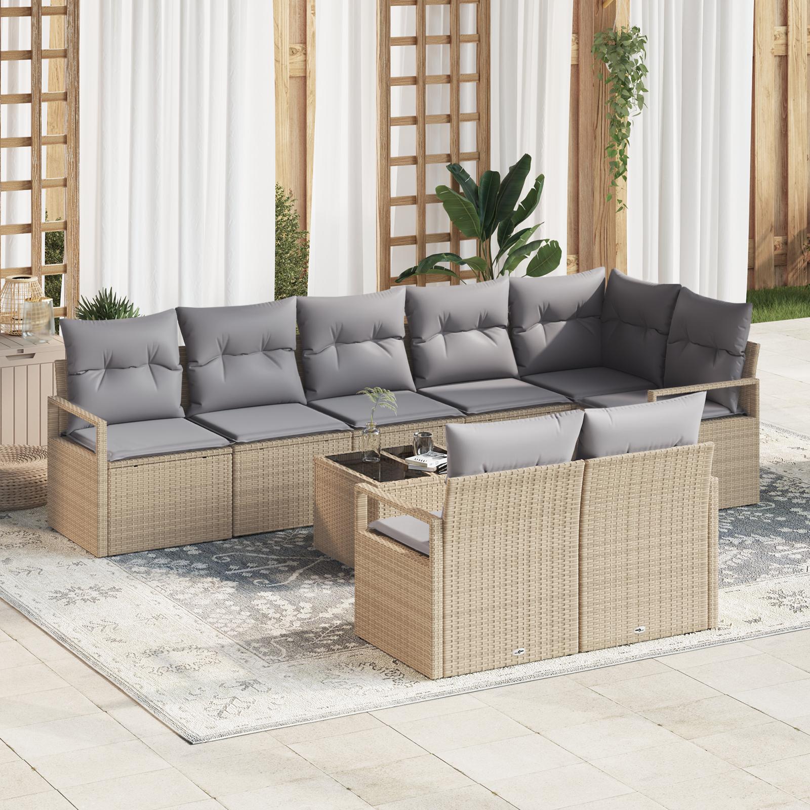 Set di divani da giardino da 9 pezzi con cuscini in polyrattan nero